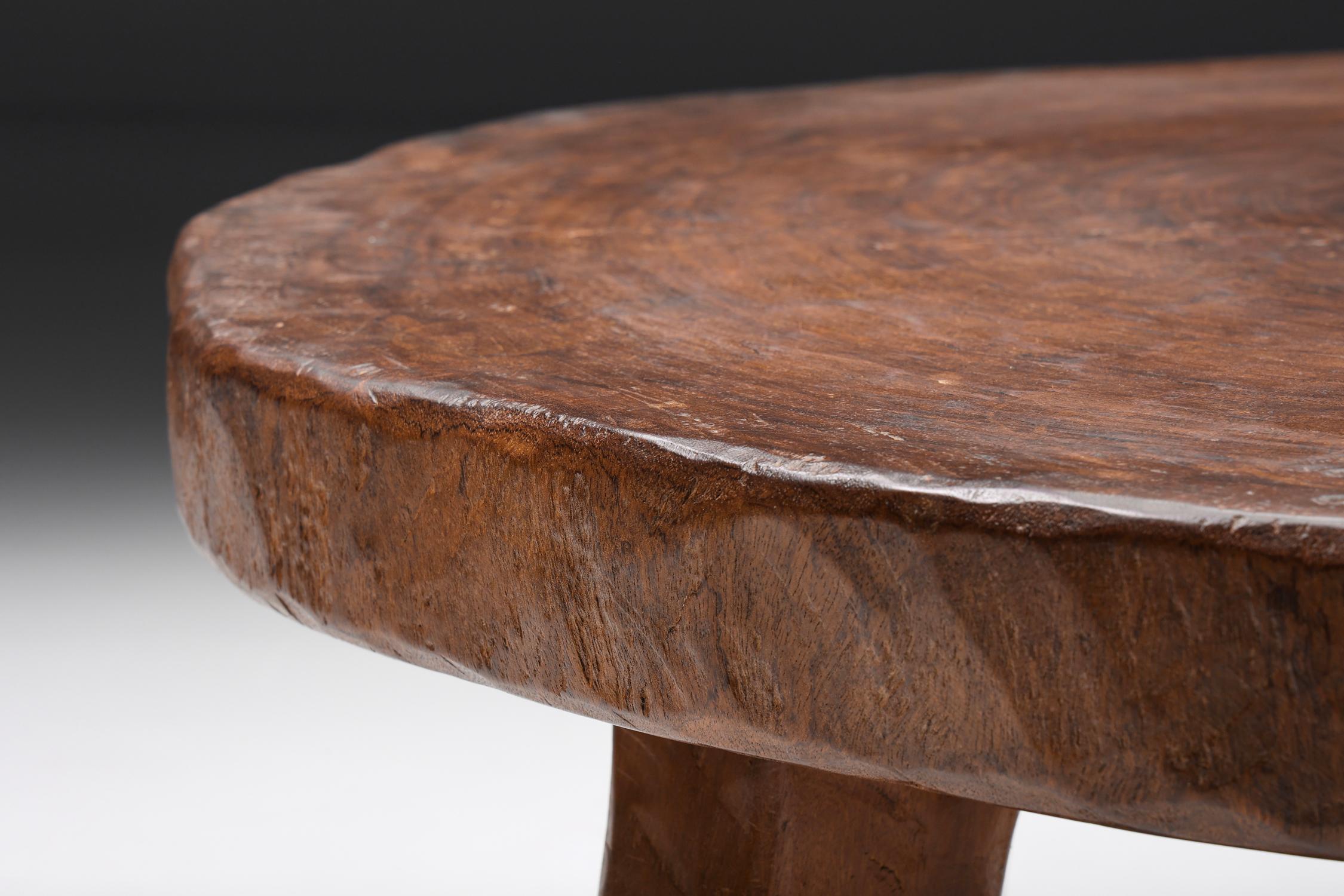 Mid-20th Century Rustic Wabi-Sabi Round Wooden Coffee Table, France, 1950's