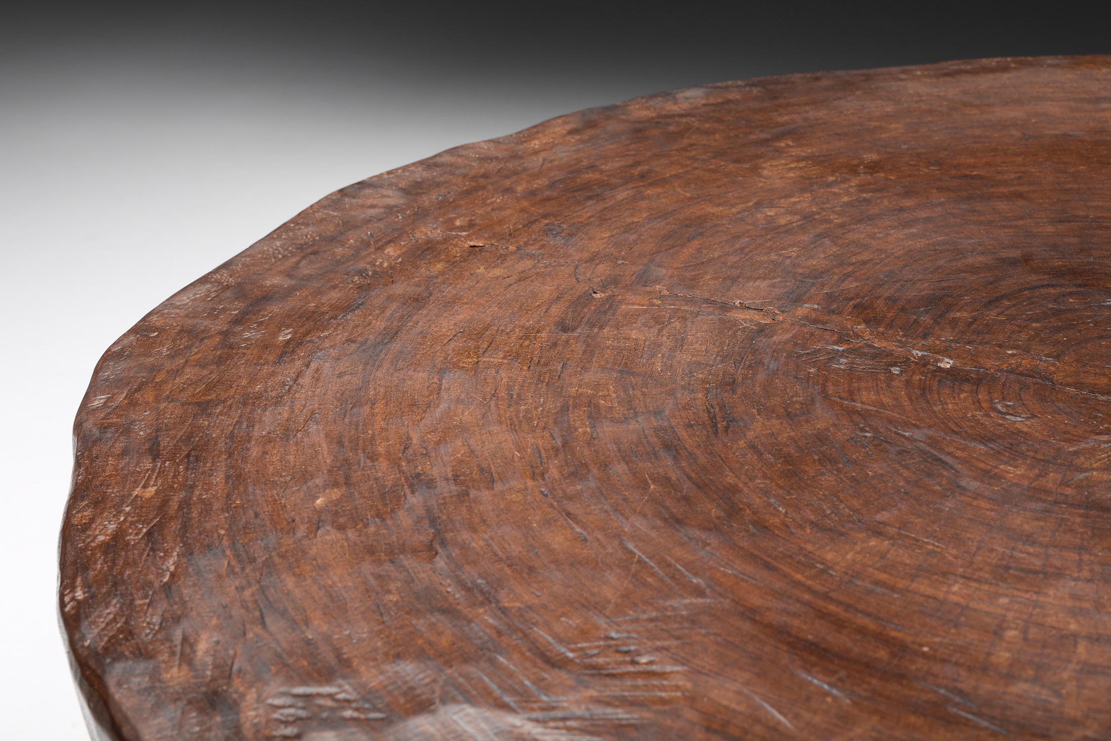 Rustic Wabi-Sabi Round Wooden Coffee Table, France, 1950's 2