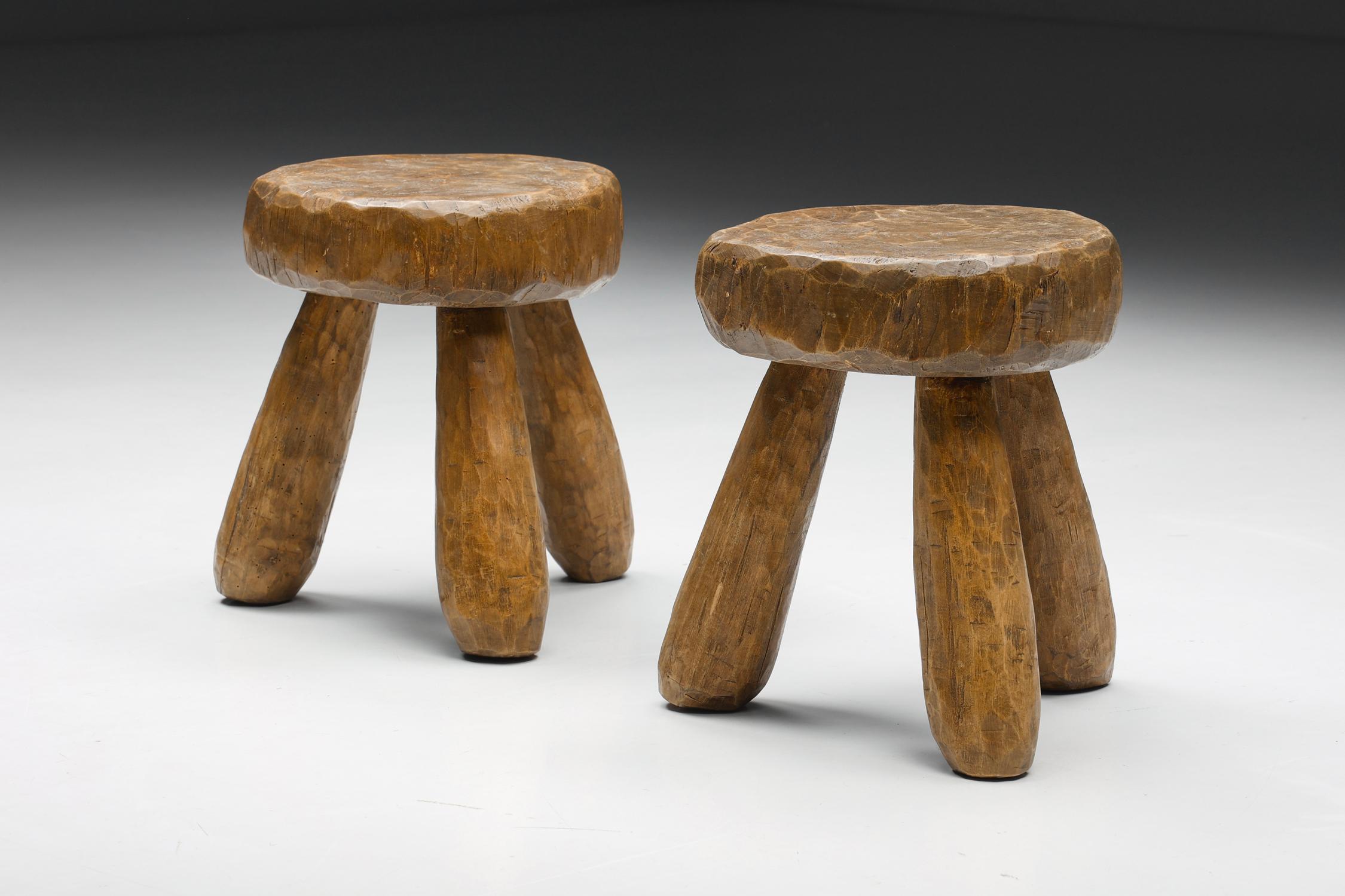 French Rustic Wabi-Sabi Round Wooden Stools, France, 1950's