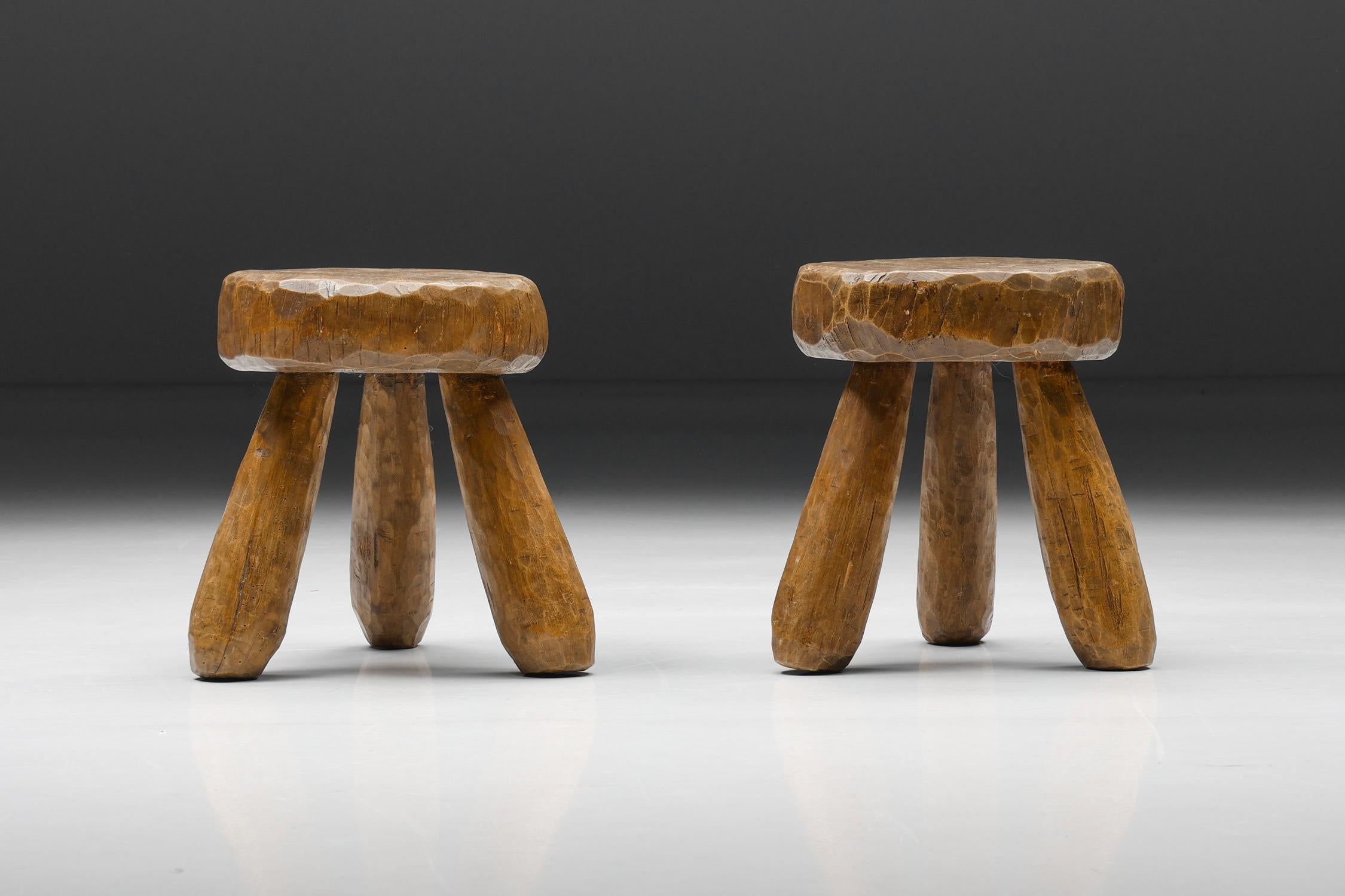Rustic Wabi-Sabi Round Wooden Stools, France, 1950's In Good Condition In Antwerp, BE