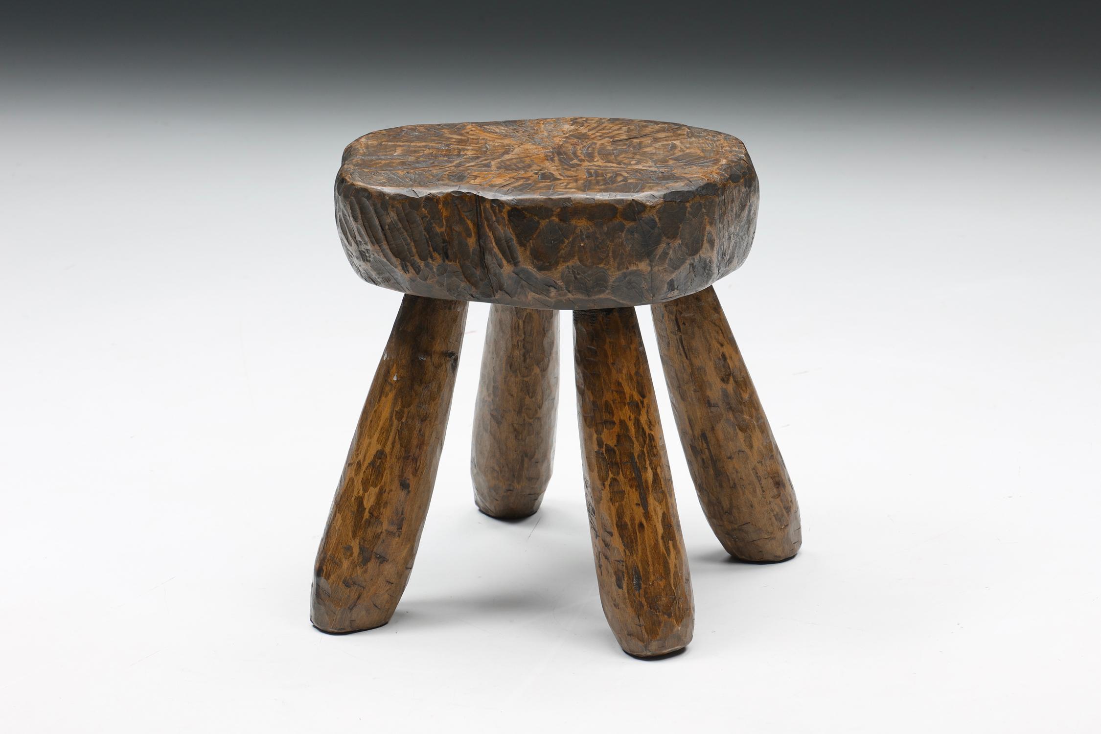 Rustic Wabi-Sabi Round Wooden Stools, France, 1950's 1