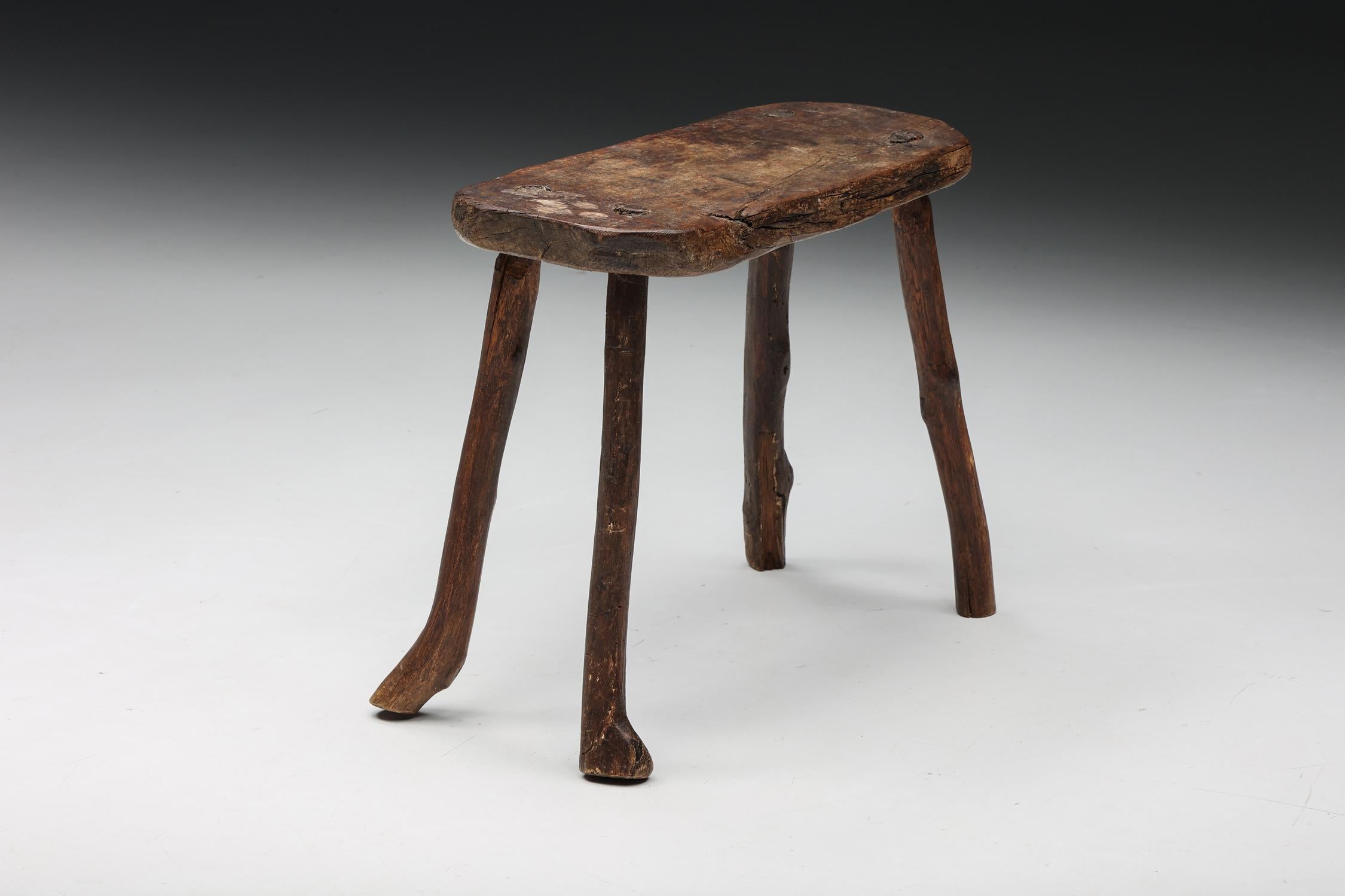 Rustic Wabi Sabi Stool, Four Legged, France, 1940s In Good Condition For Sale In Antwerp, BE