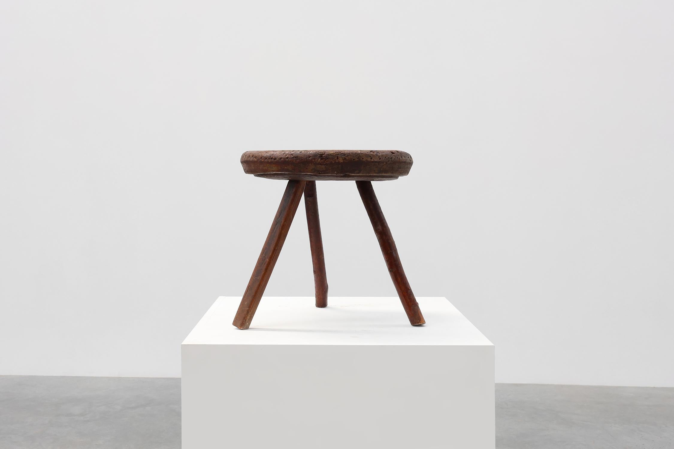 Brutalist Rustic Wabi Sabi style solid oak tripod stool, France ca. 1850 For Sale