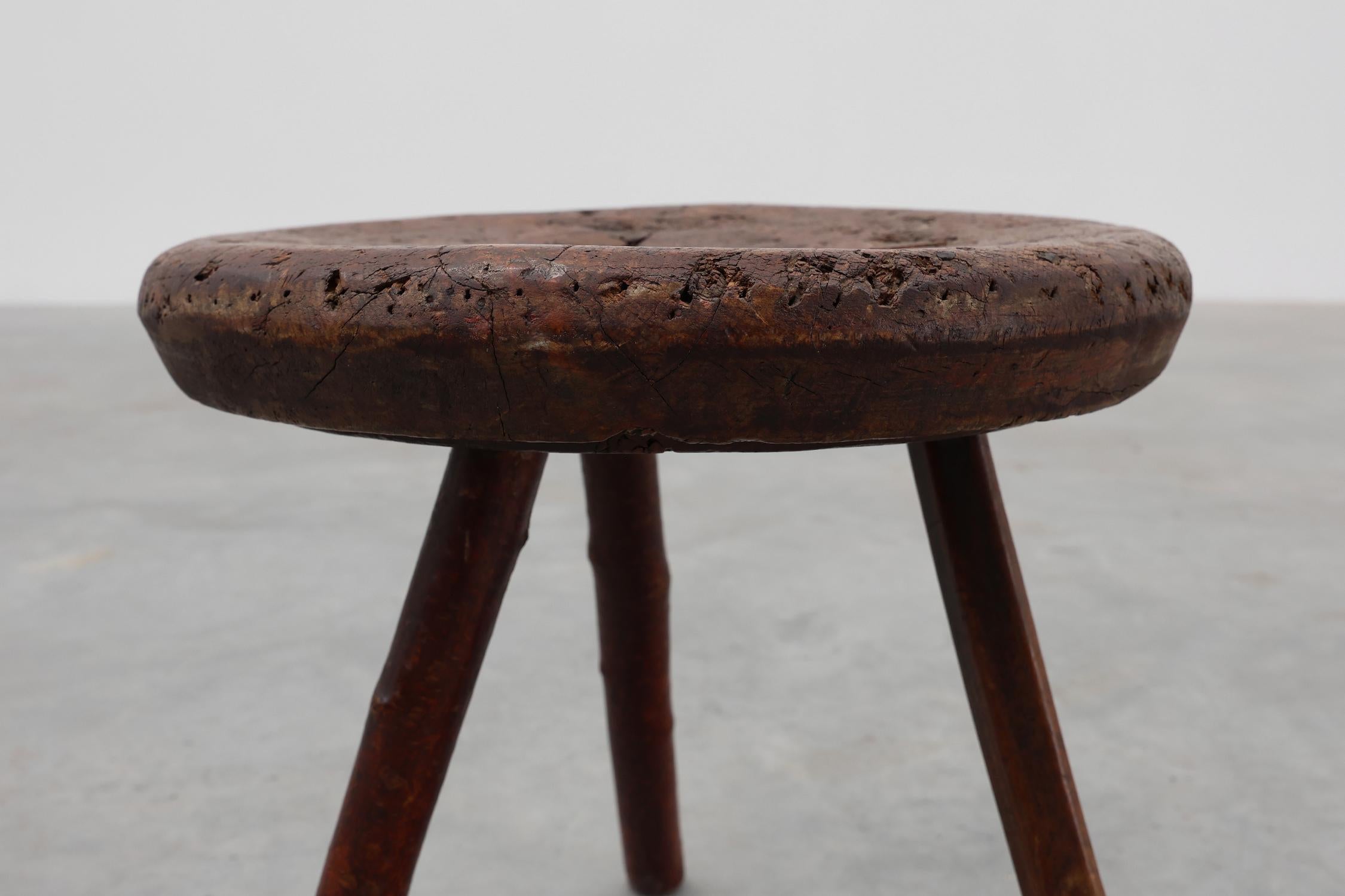 French Rustic Wabi Sabi style solid oak tripod stool, France ca. 1850 For Sale