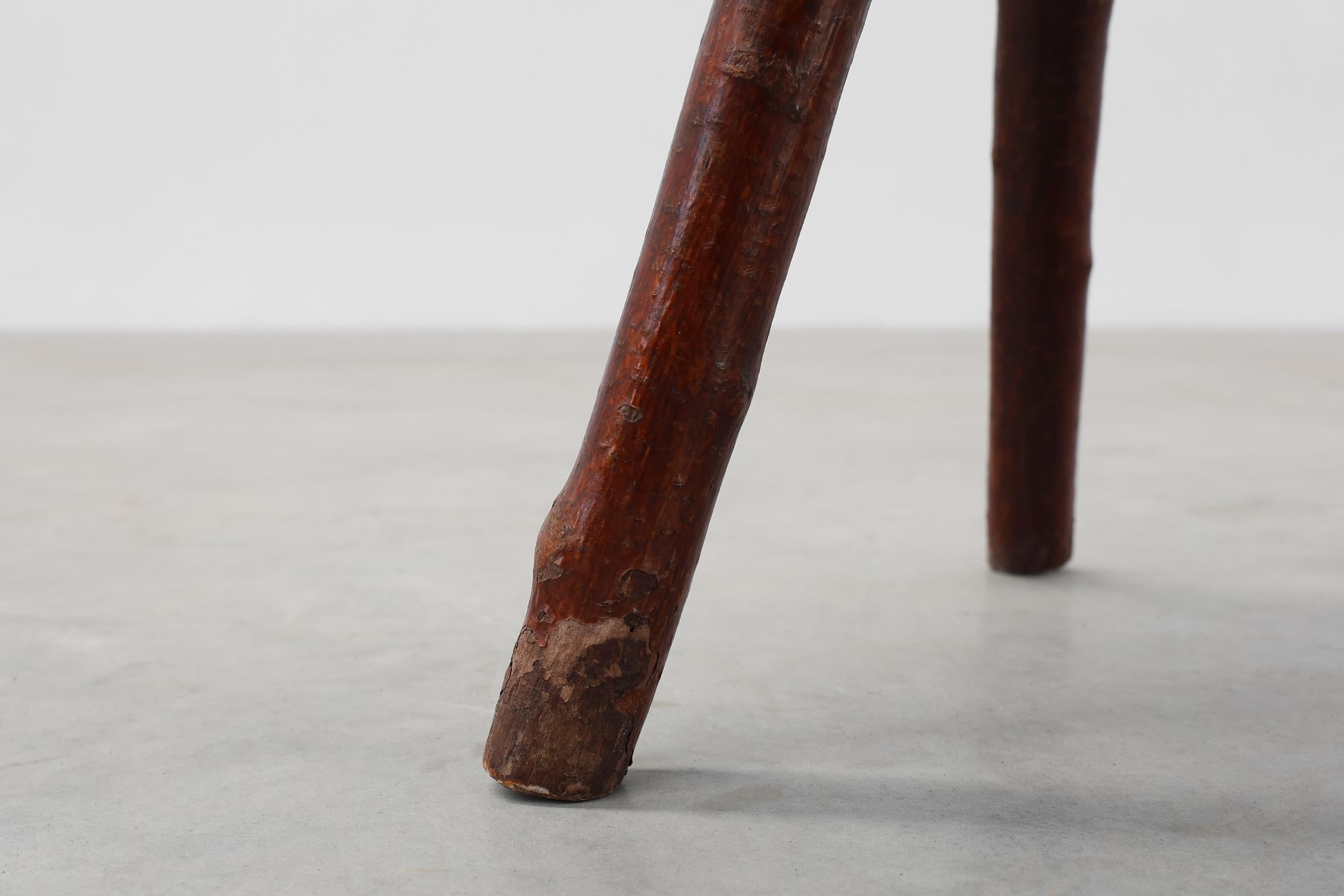 Hand-Carved Rustic Wabi Sabi style solid oak tripod stool, France ca. 1850 For Sale