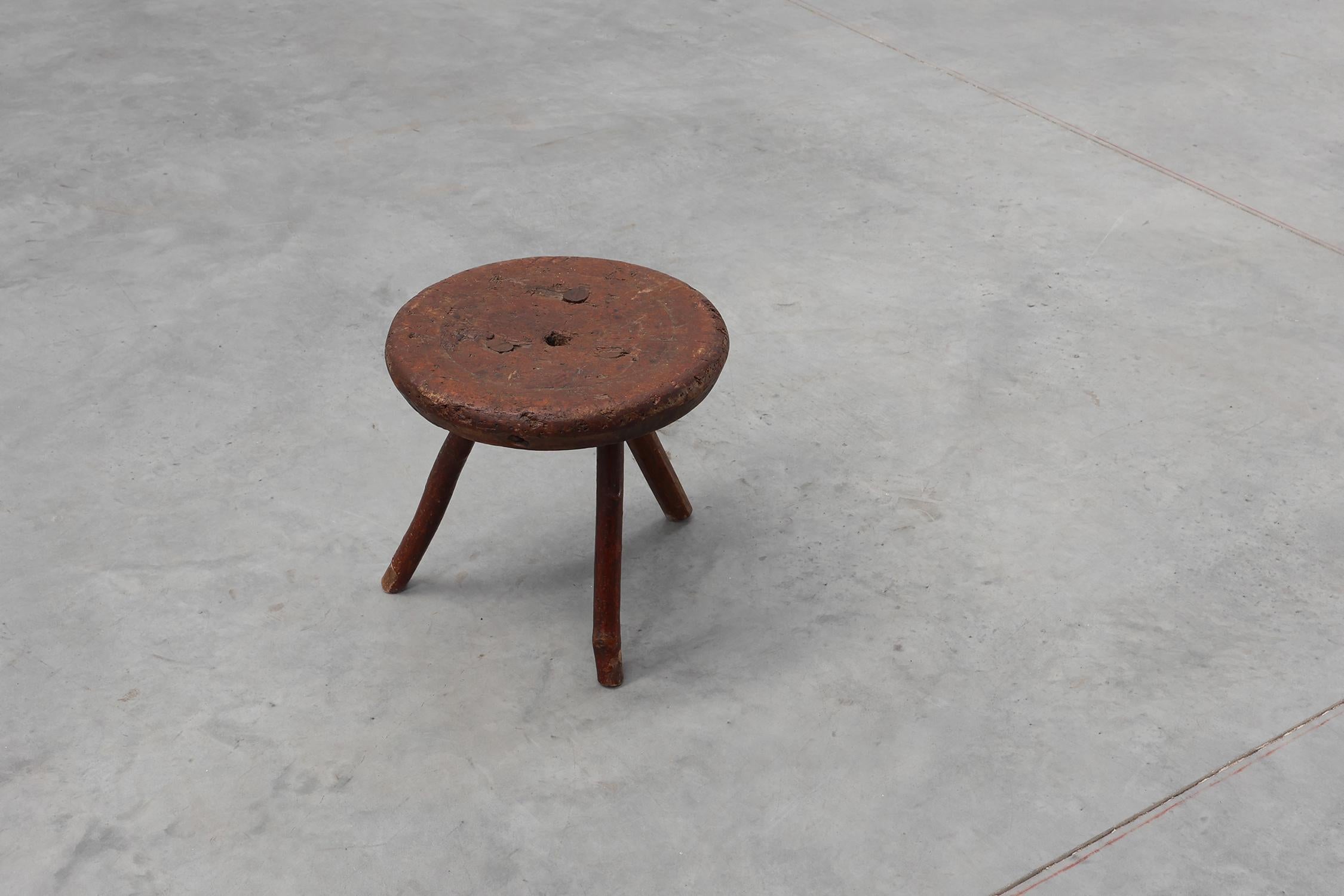 19th Century Rustic Wabi Sabi style solid oak tripod stool, France ca. 1850 For Sale