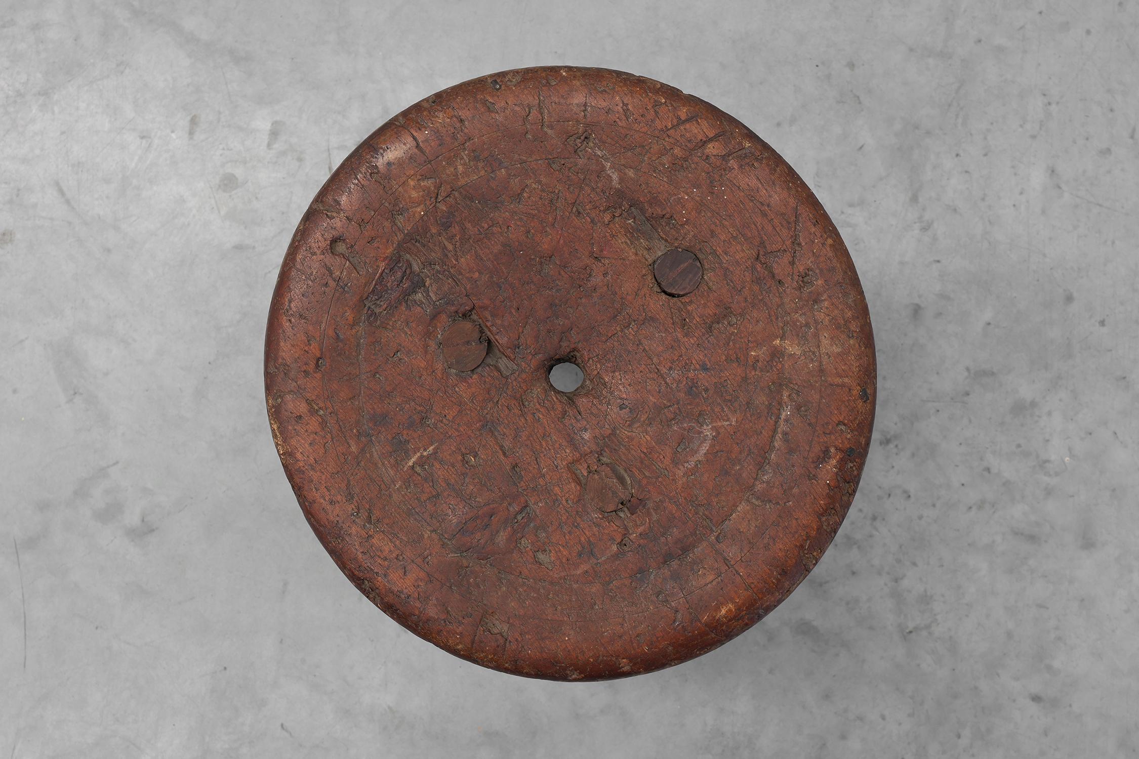 Oak Rustic Wabi Sabi style solid oak tripod stool, France ca. 1850 For Sale