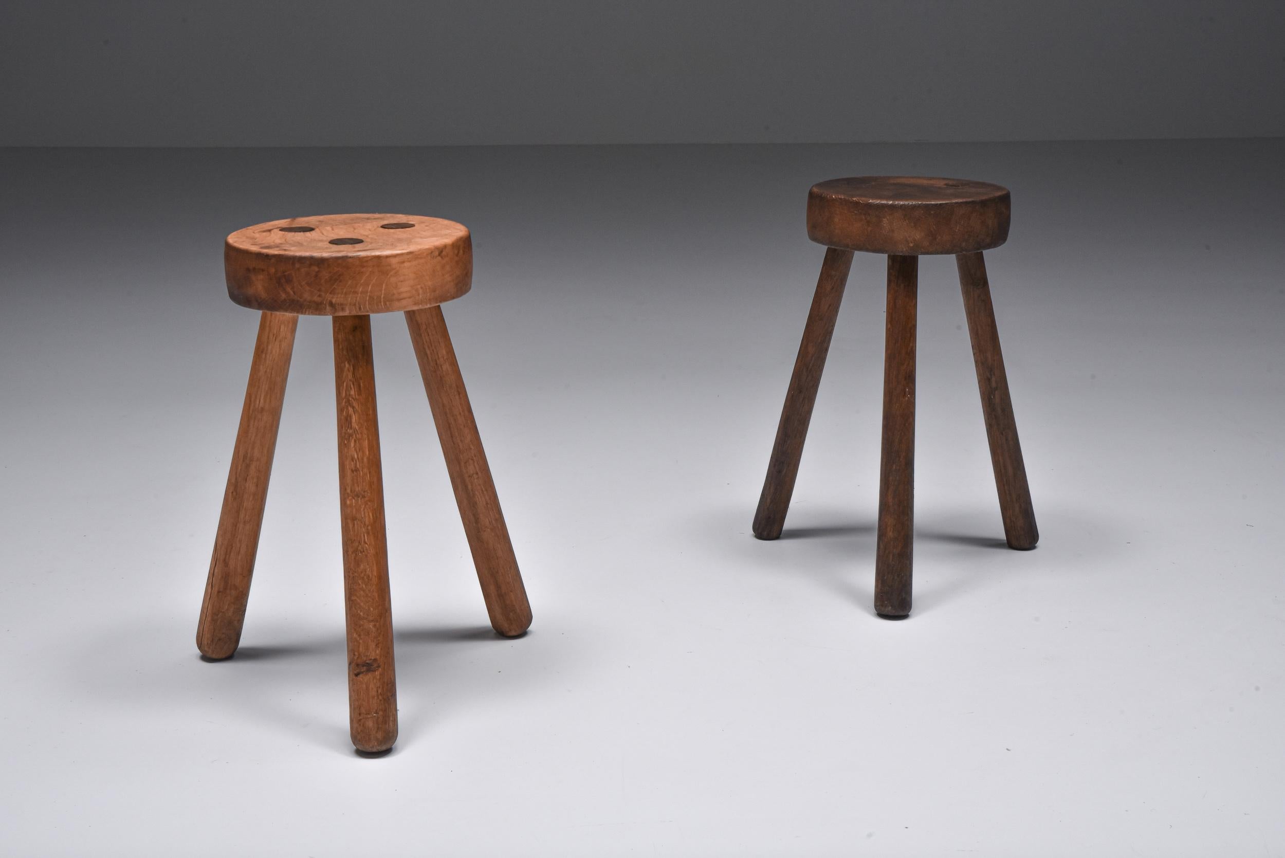 Rustic Wabi Sabi Three Legged Stools, Brutalist, Mid-Century Modern 1940's For Sale 1