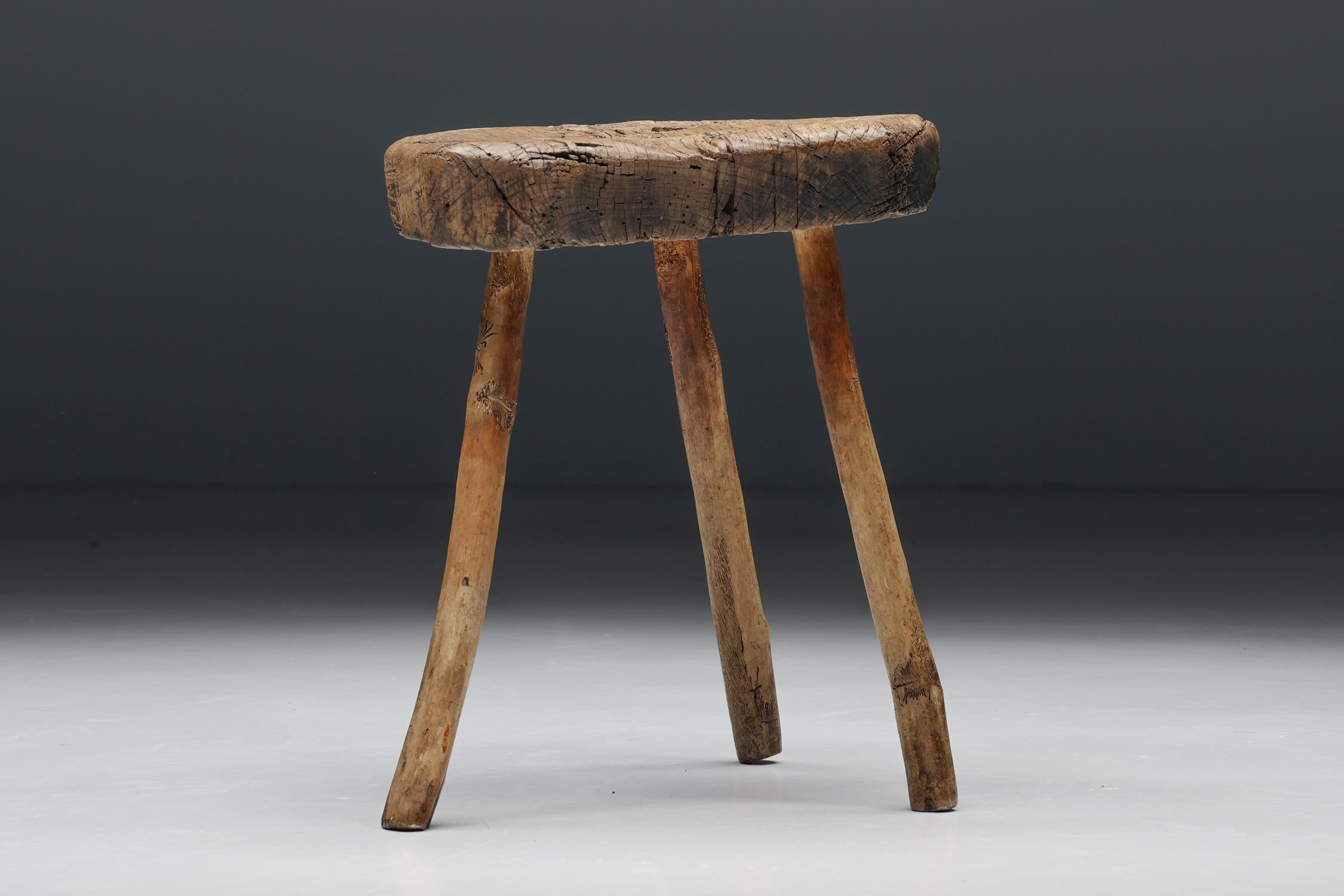 French Rustic Wabi Sabi Tripod Stool, France, 1950s