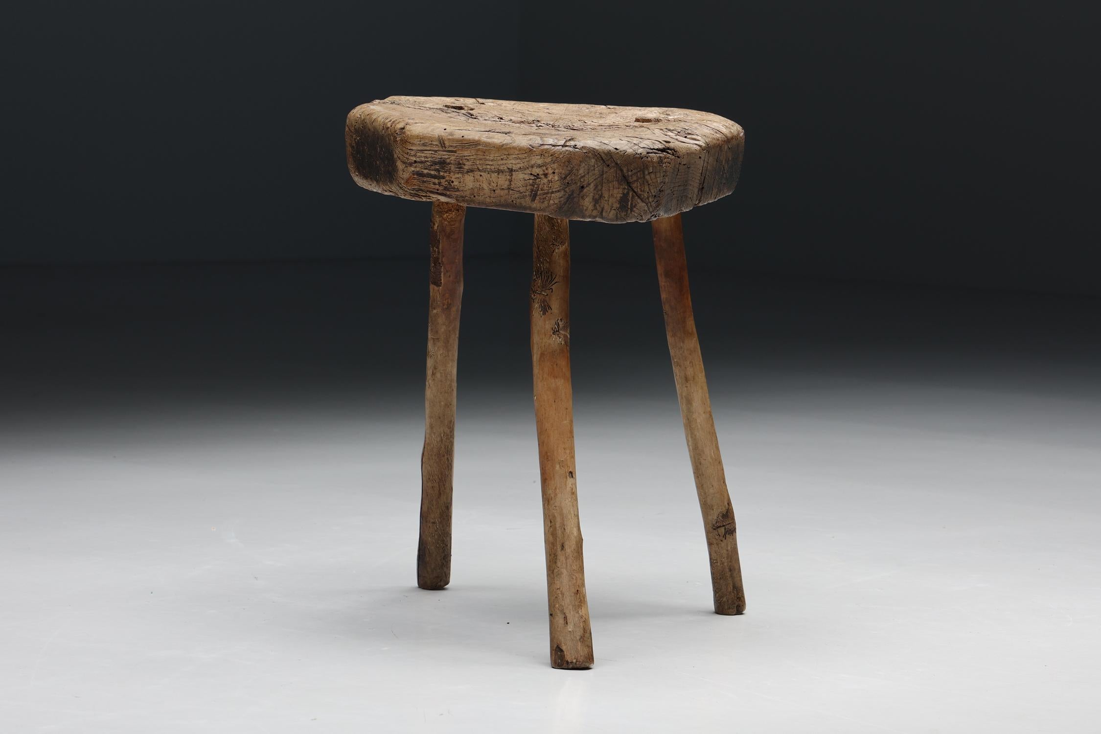 Mid-20th Century Rustic Wabi Sabi Tripod Stool, France, 1950s