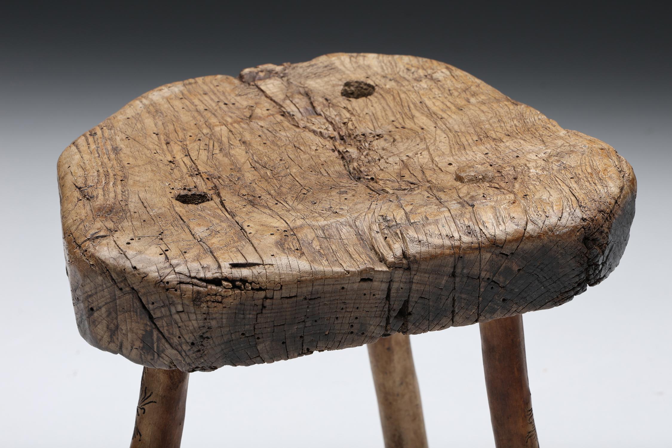 Wood Rustic Wabi Sabi Tripod Stool, France, 1950s