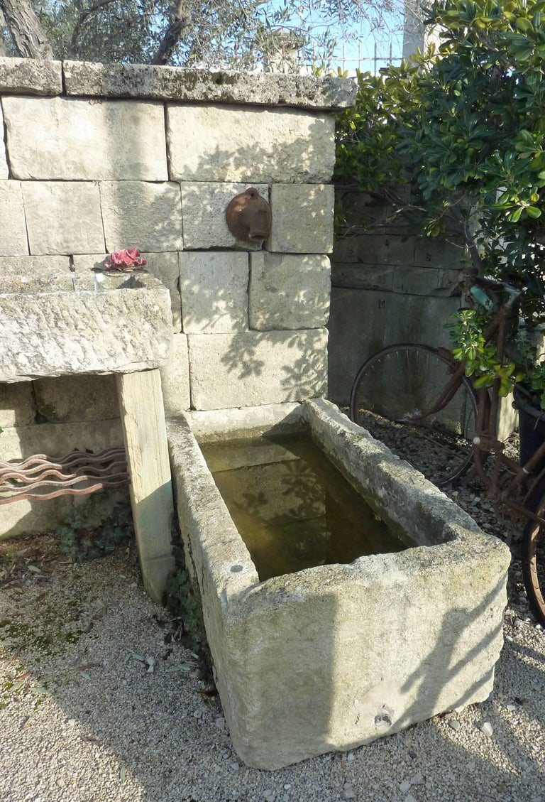 Hand-Carved Rustic Wall Fountain with Antique Stone Trough, Bonded Wall and Sink, Provence For Sale