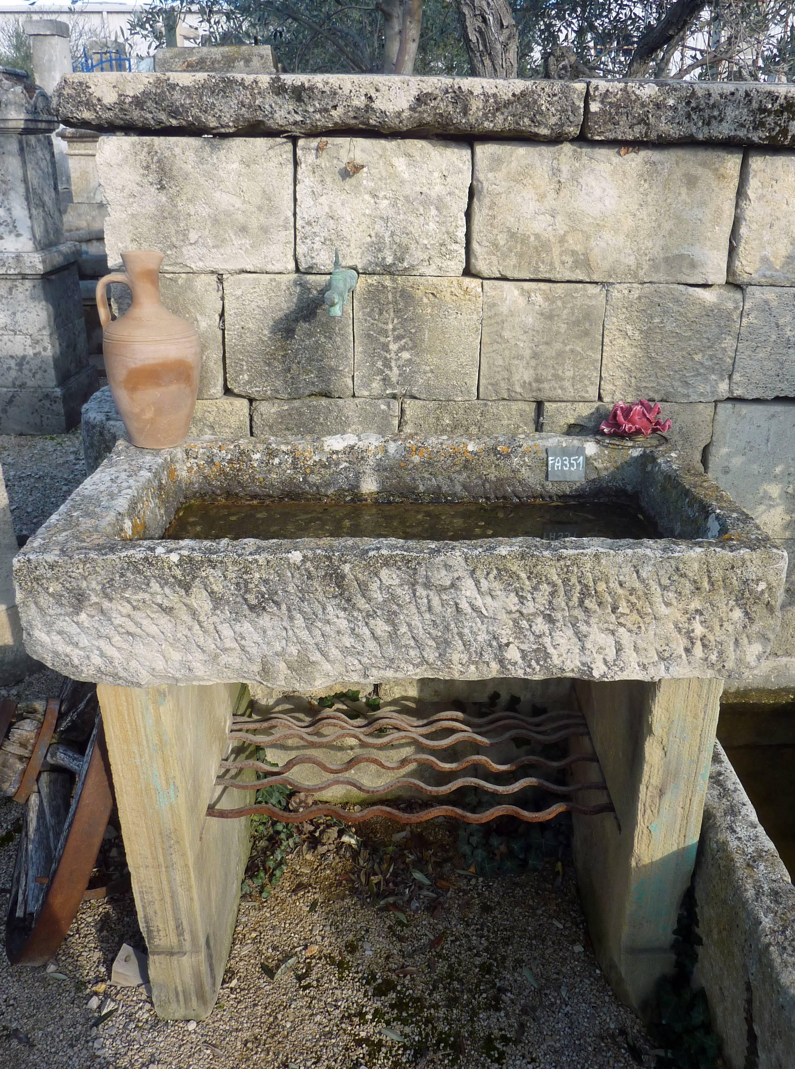 French Rustic Wall Fountain with Antique Stone Trough, Bonded Wall and Sink, Provence For Sale