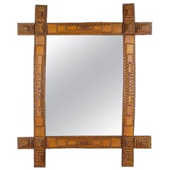 Rustic Wall Mirror Tramp Art Hand Carved Basswood, Austria, circa 1870