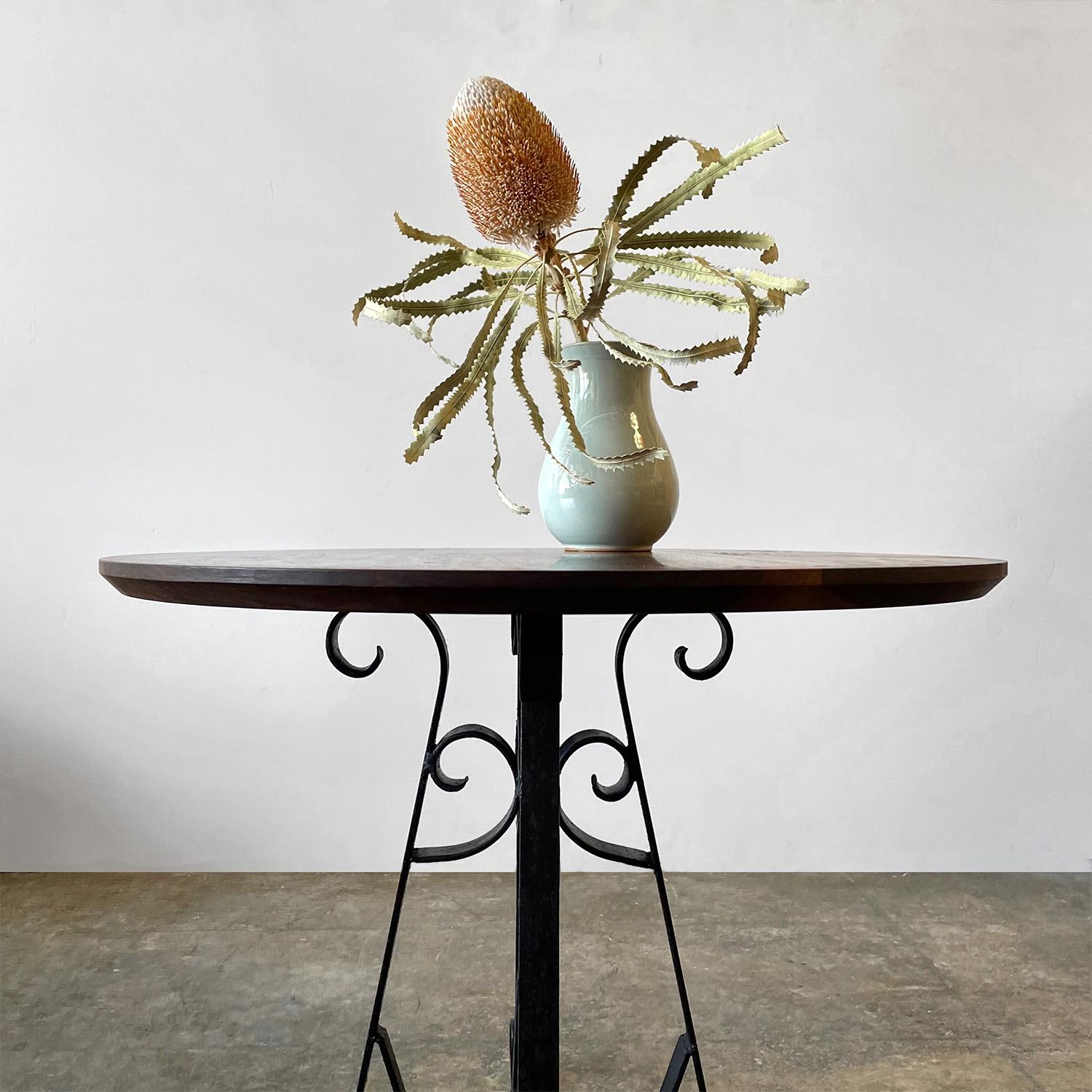 Rustic Walnut Side Table with Wrought Iron Base  In Good Condition For Sale In Los Angeles, CA