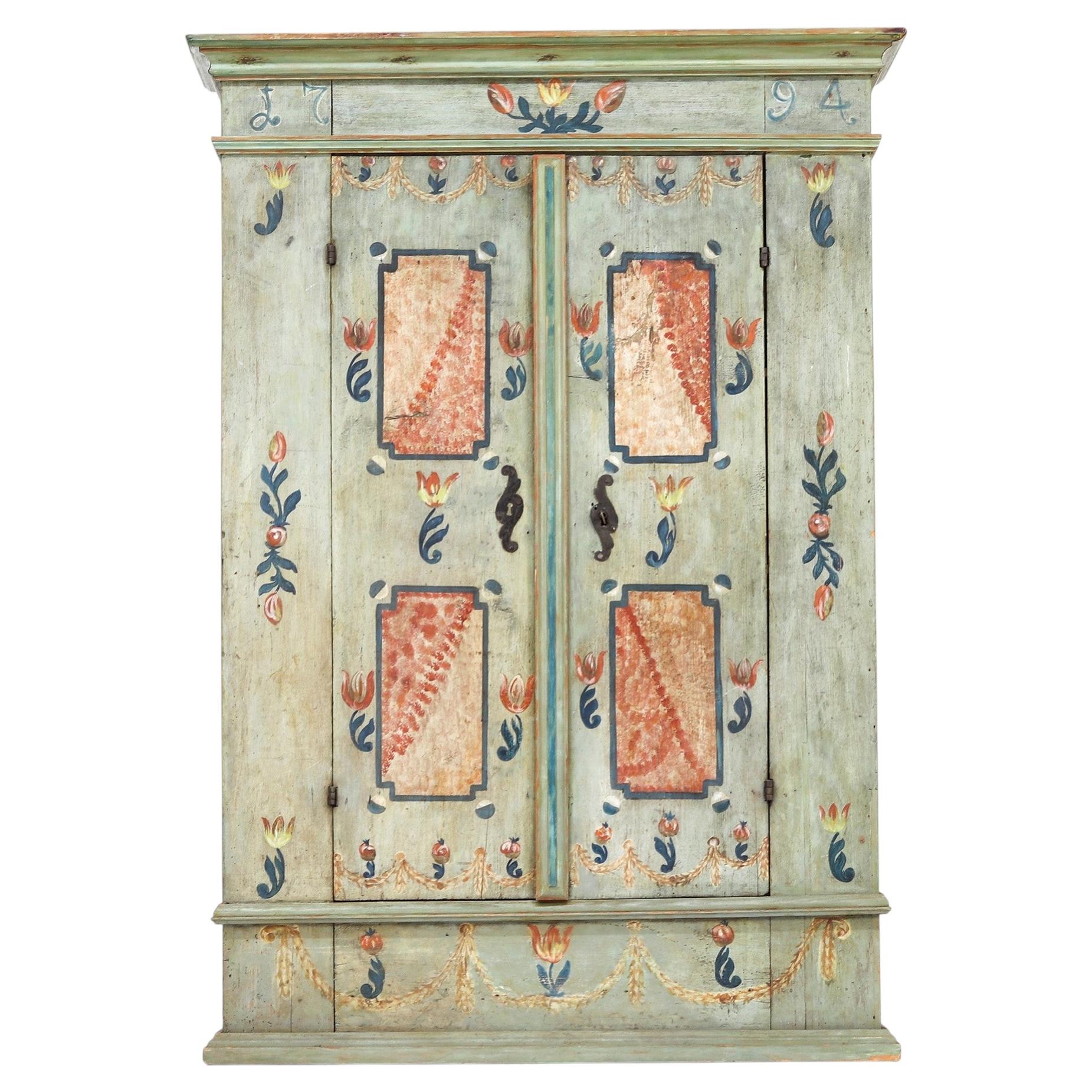 Rustic Weathered Farmhouse Folk Art Painted Bridal Cabinet from 1794