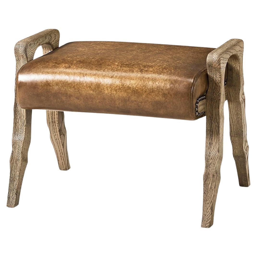 Rustic Western Leather Upholstered Footstool For Sale