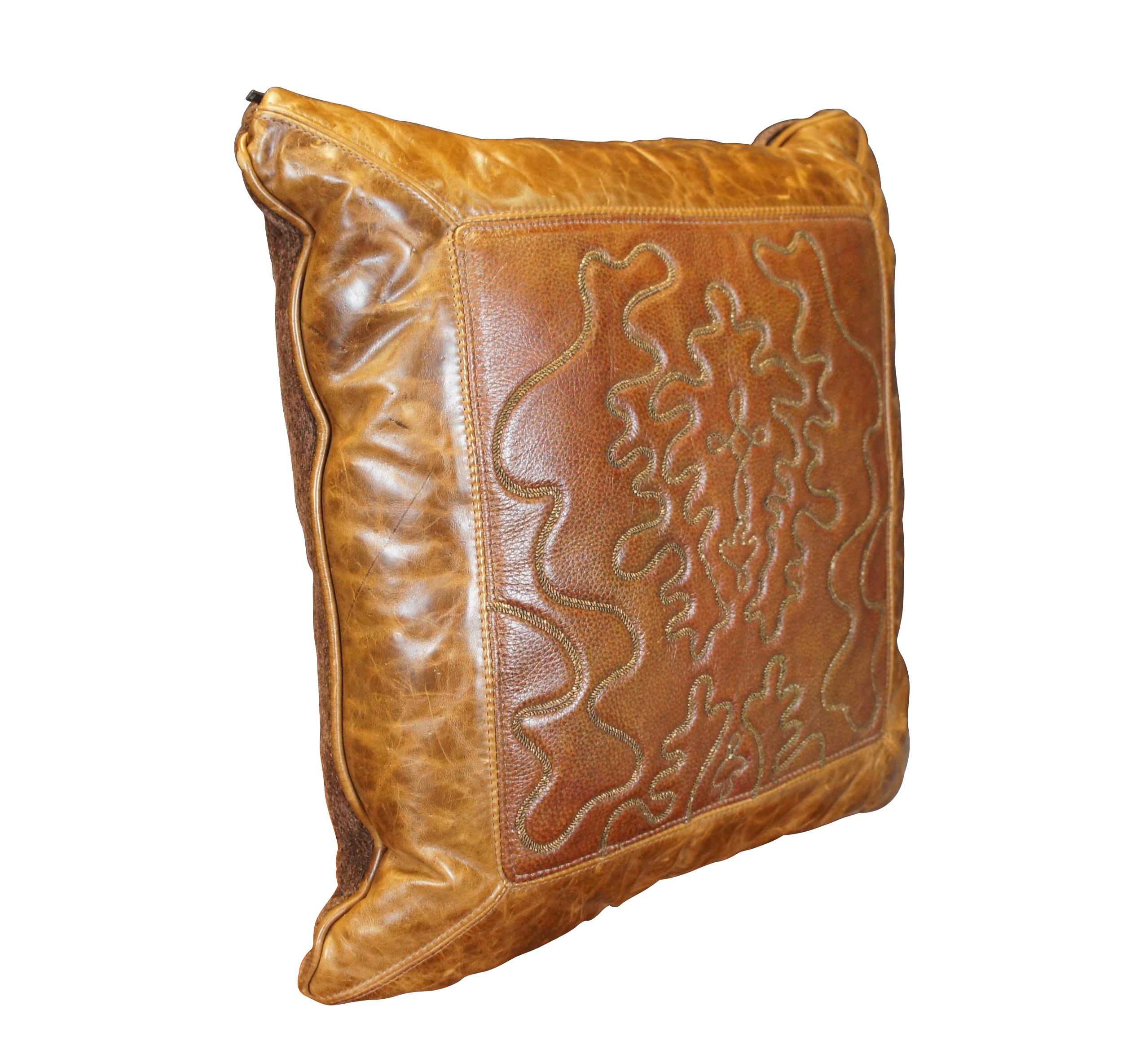 Rustic Western Tooled Leather Down Filled Lumbar Throw Accent Pillow 22