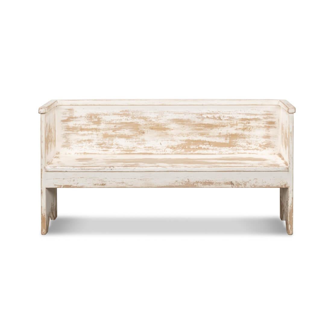 A harmonious blend of functionality and farmhouse charm. This cozy seating solution is designed to bring a touch of rustic warmth to your home. The distressed white painted finish gives it a lived-in look, as if it's already hosted many a family