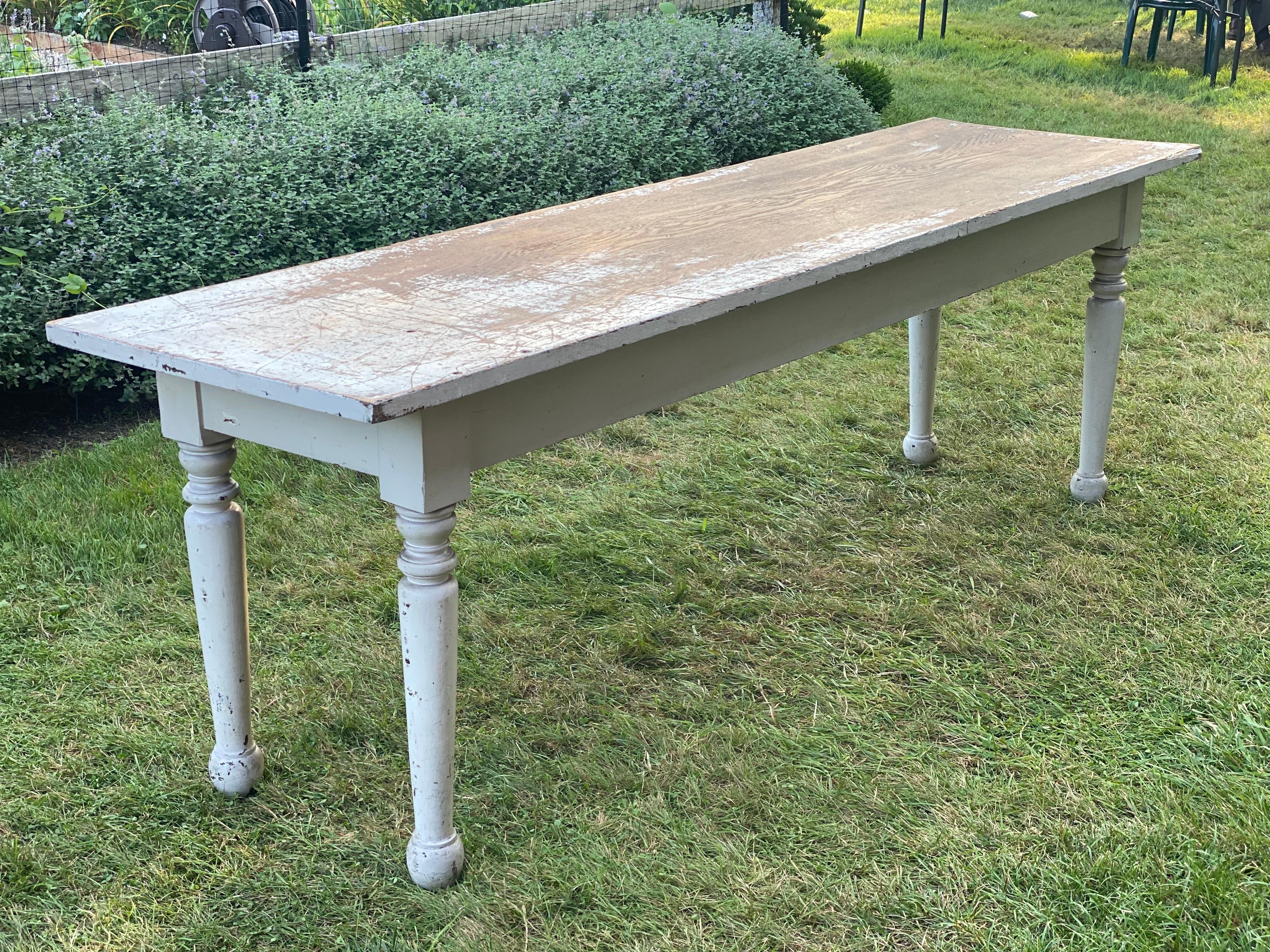 Rustic White Painted Long Narrow Farm Table For Sale 1