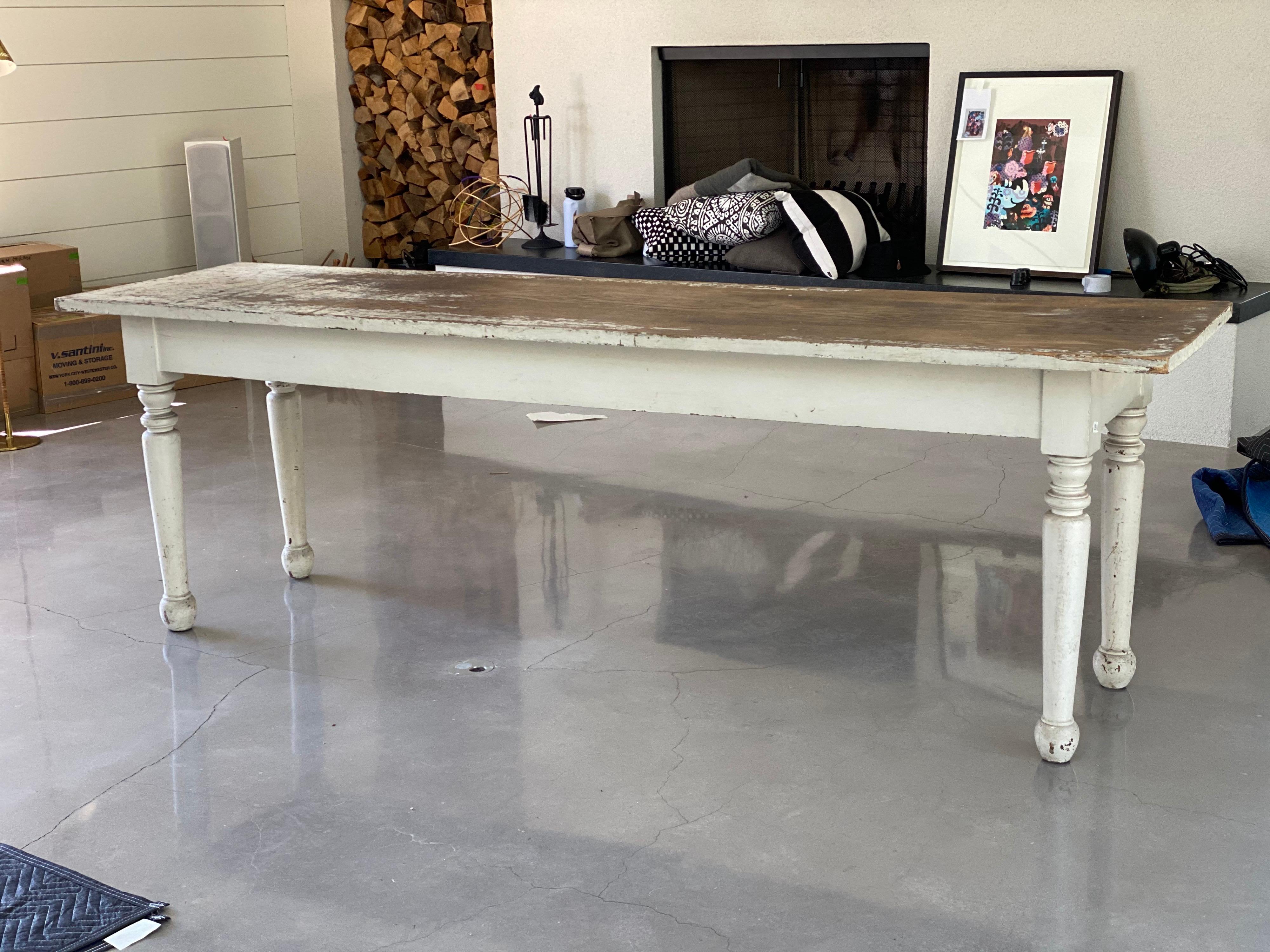 Rustic White Painted Long Narrow Farm Table For Sale 4