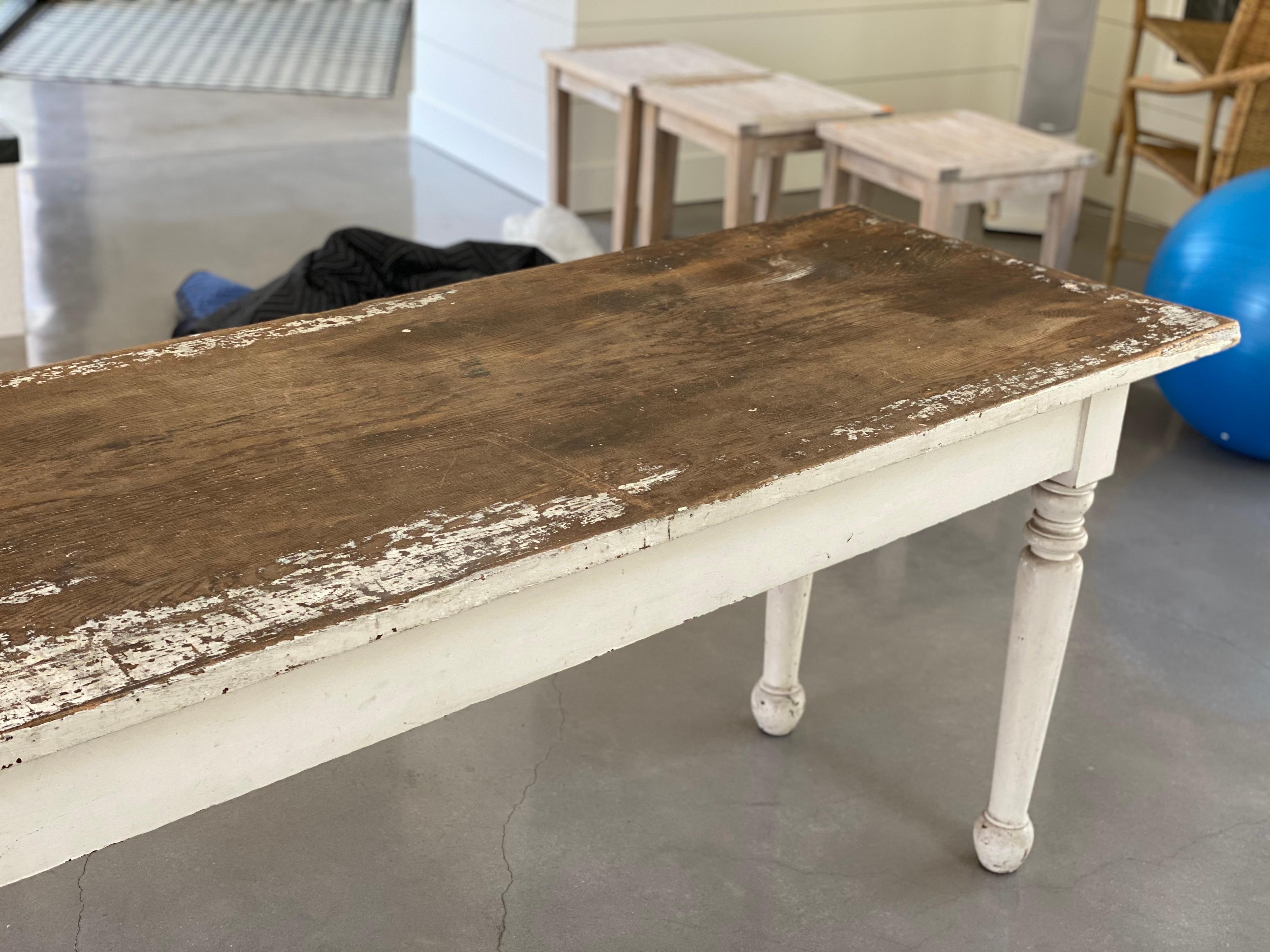 Rustic White Painted Long Narrow Farm Table For Sale 6