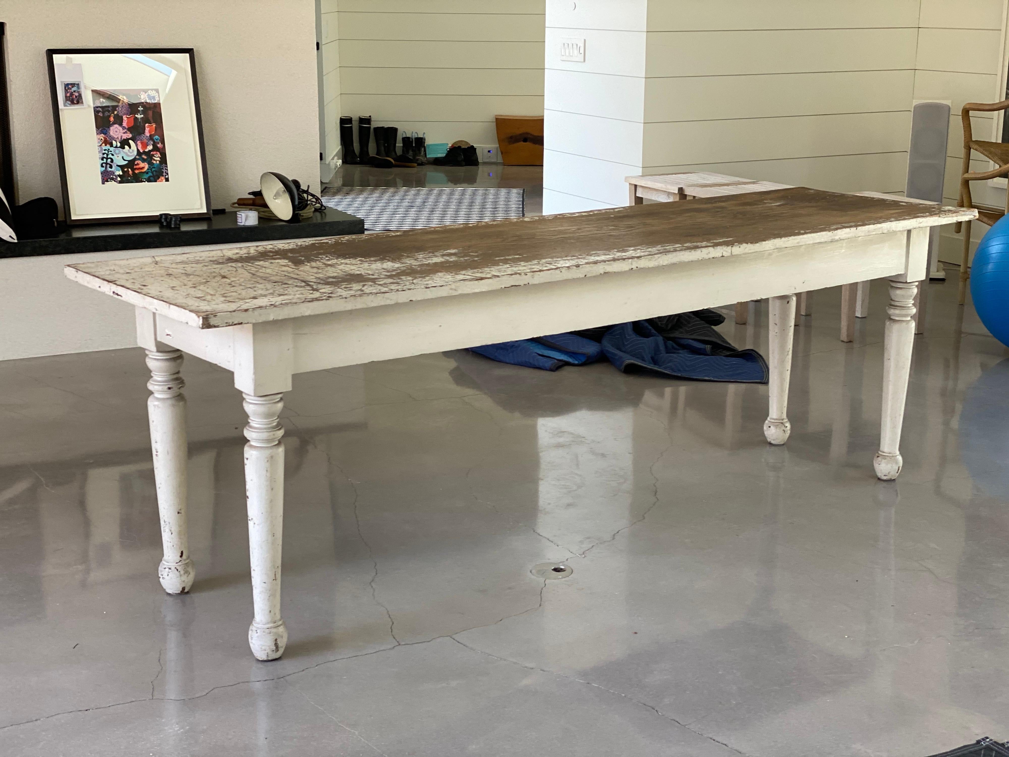 Rustic White Painted Long Narrow Farm Table For Sale 7