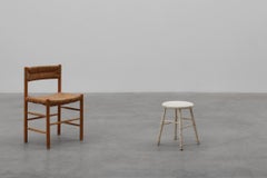 Rustic white wooden low farm stool, France ca. 1920