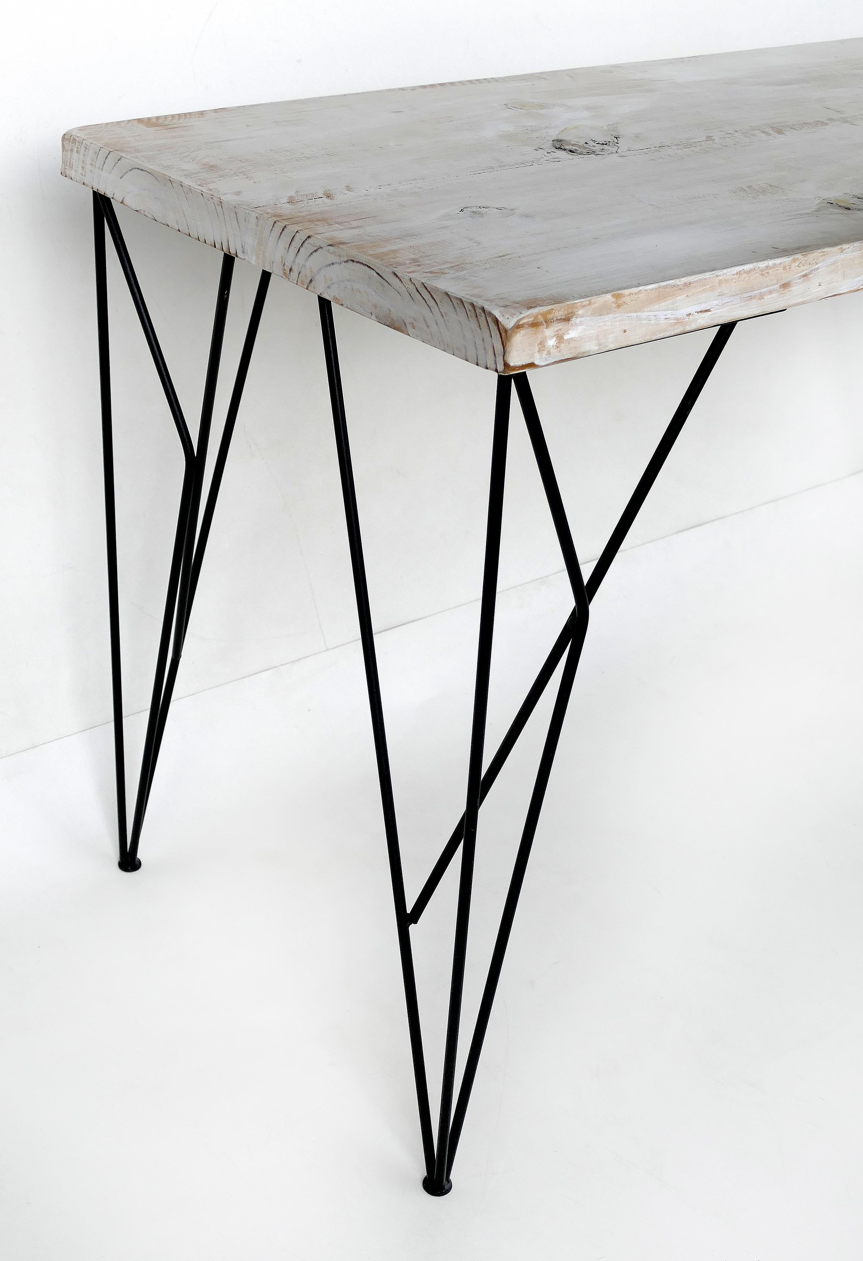 American Rustic Whitewashed Console/Work Table with Iron Legs