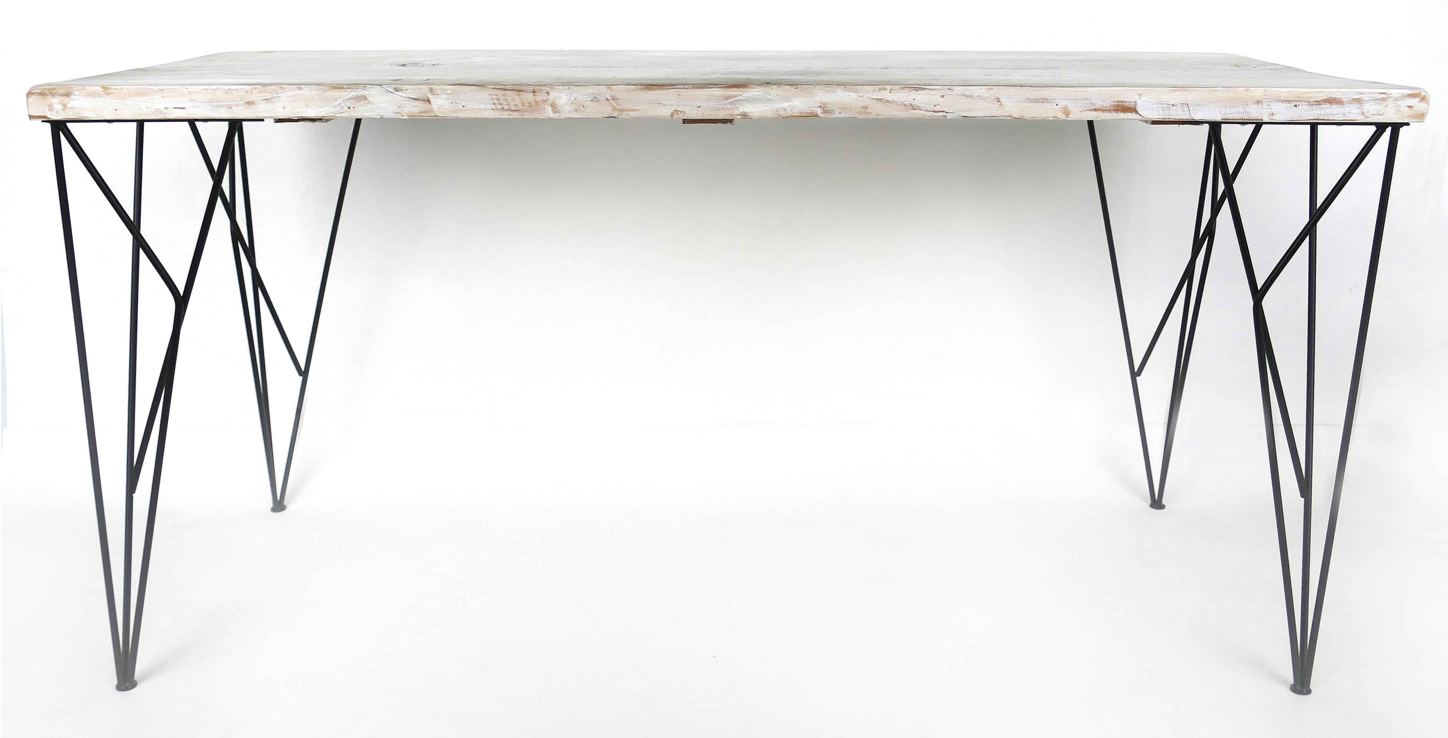 Rustic Whitewashed Console/Work Table with Iron Legs In Good Condition In Miami, FL