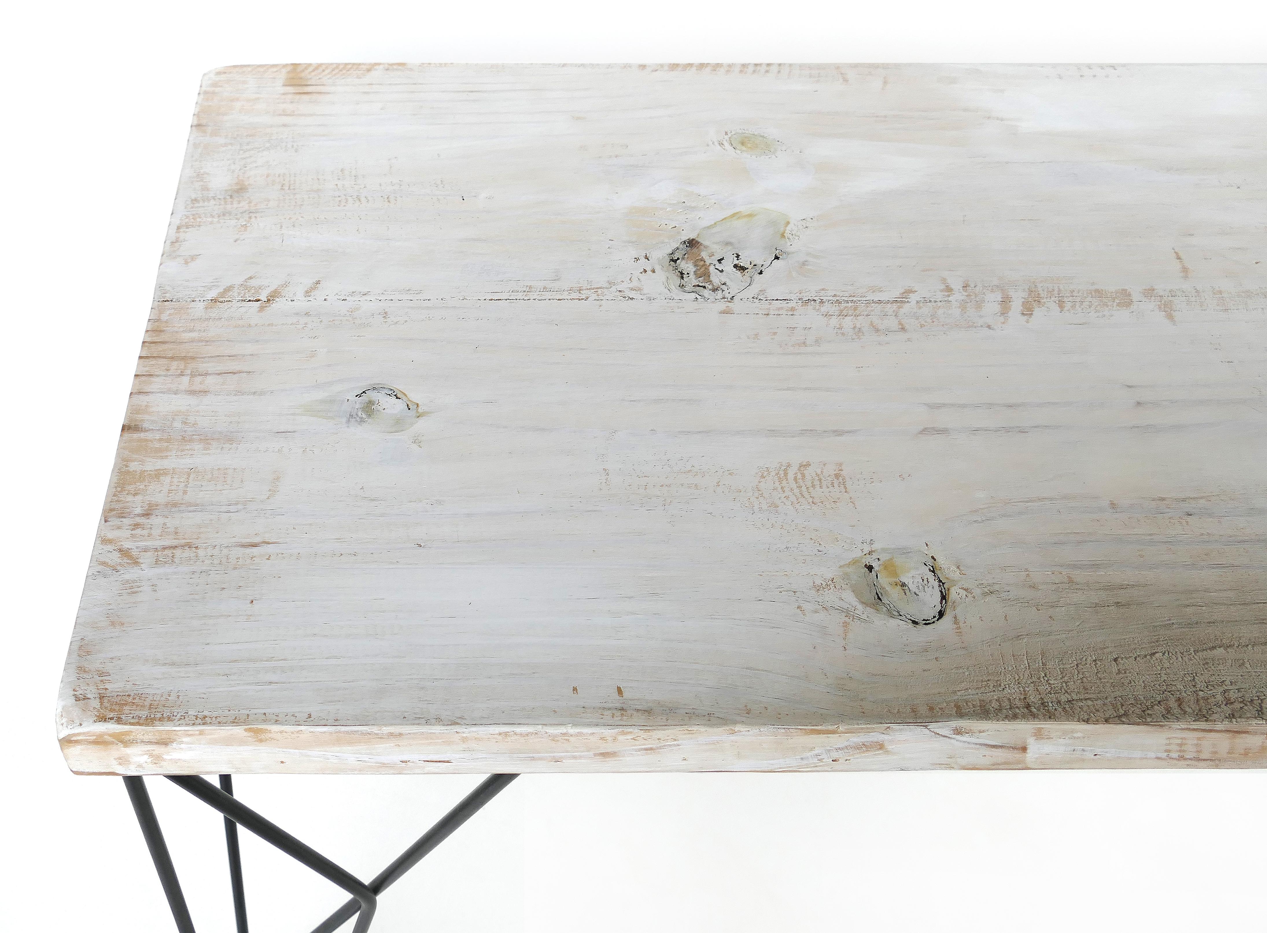 Contemporary Rustic Whitewashed Console/Work Table with Iron Legs