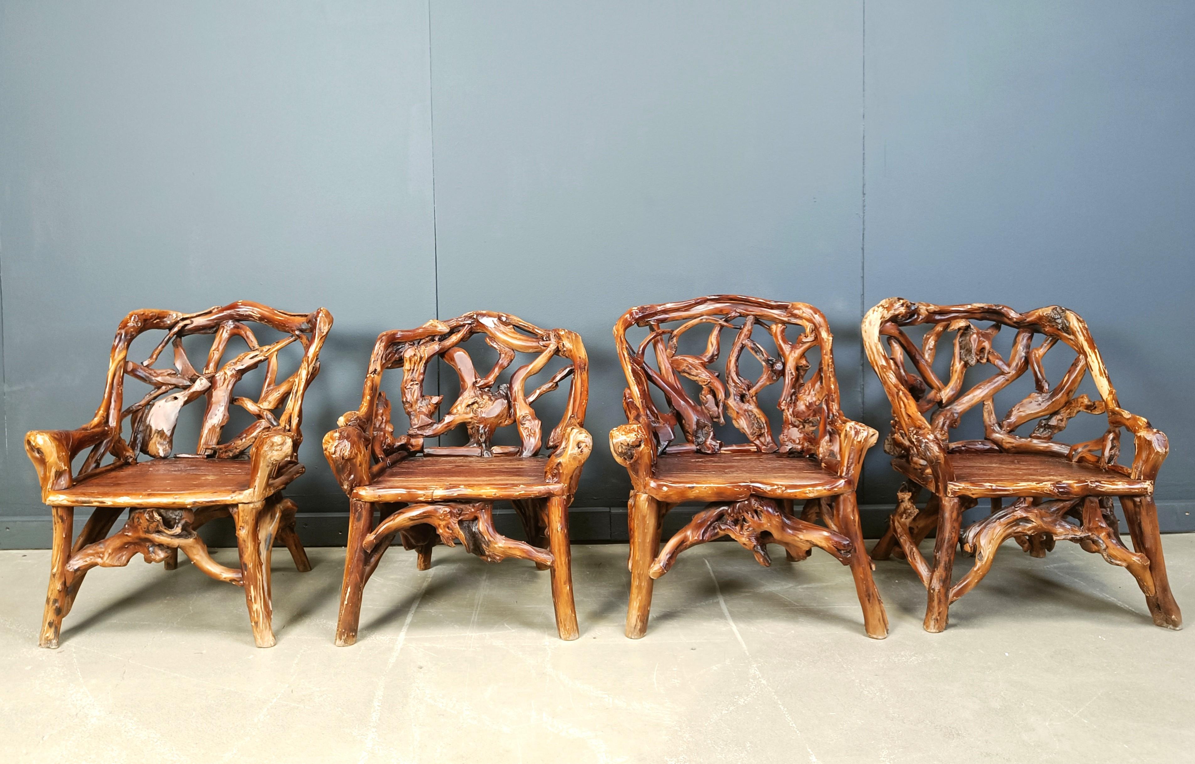Rustic wood and knotted root armchairs, set of 4 - 1960s For Sale 4