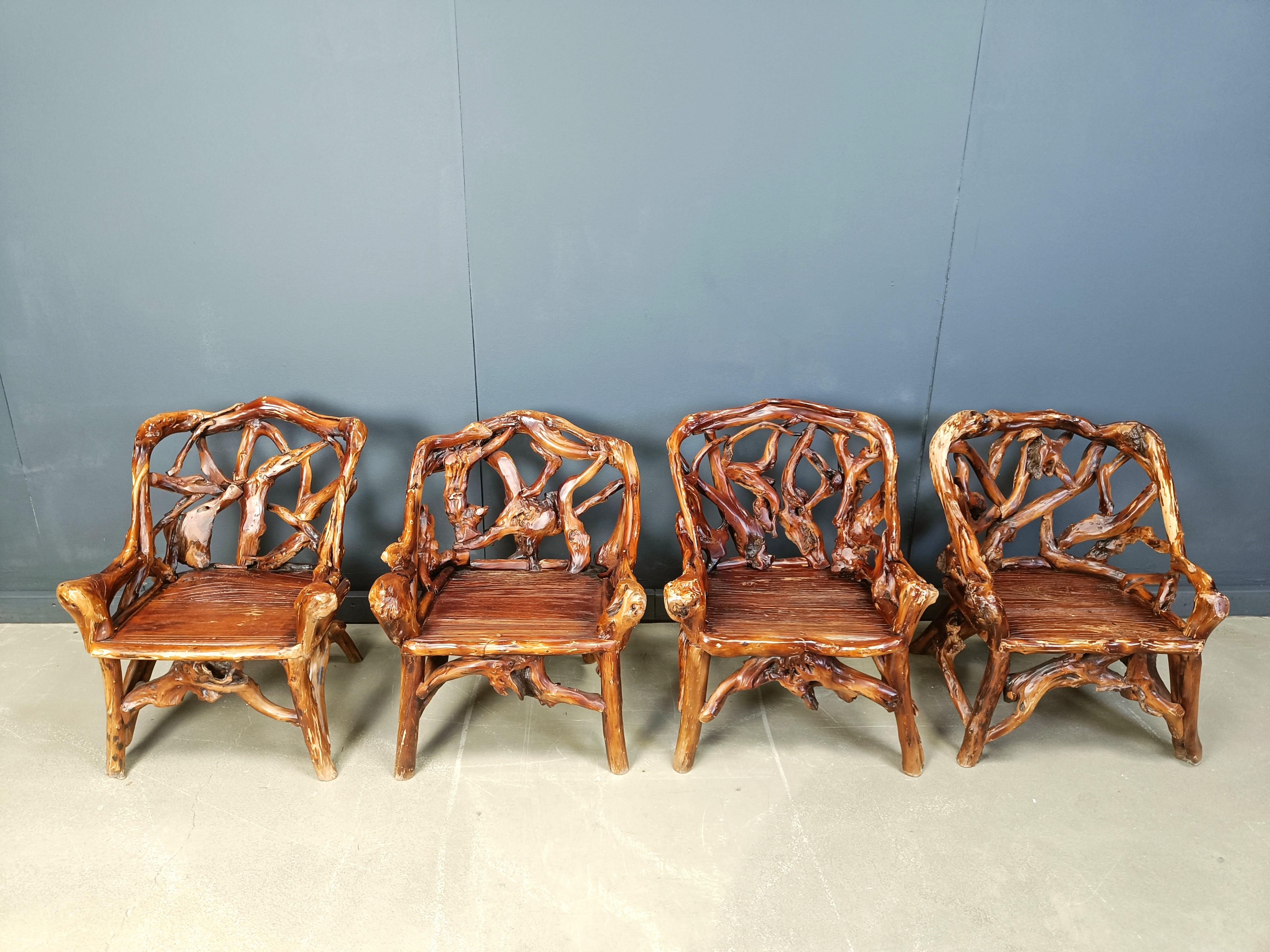 Rustic wood and knotted root armchairs, set of 4 - 1960s For Sale 5