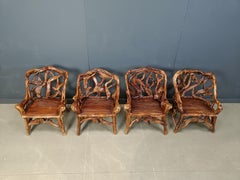 Rustic wood and knotted root armchairs, set of 4 - 1960s