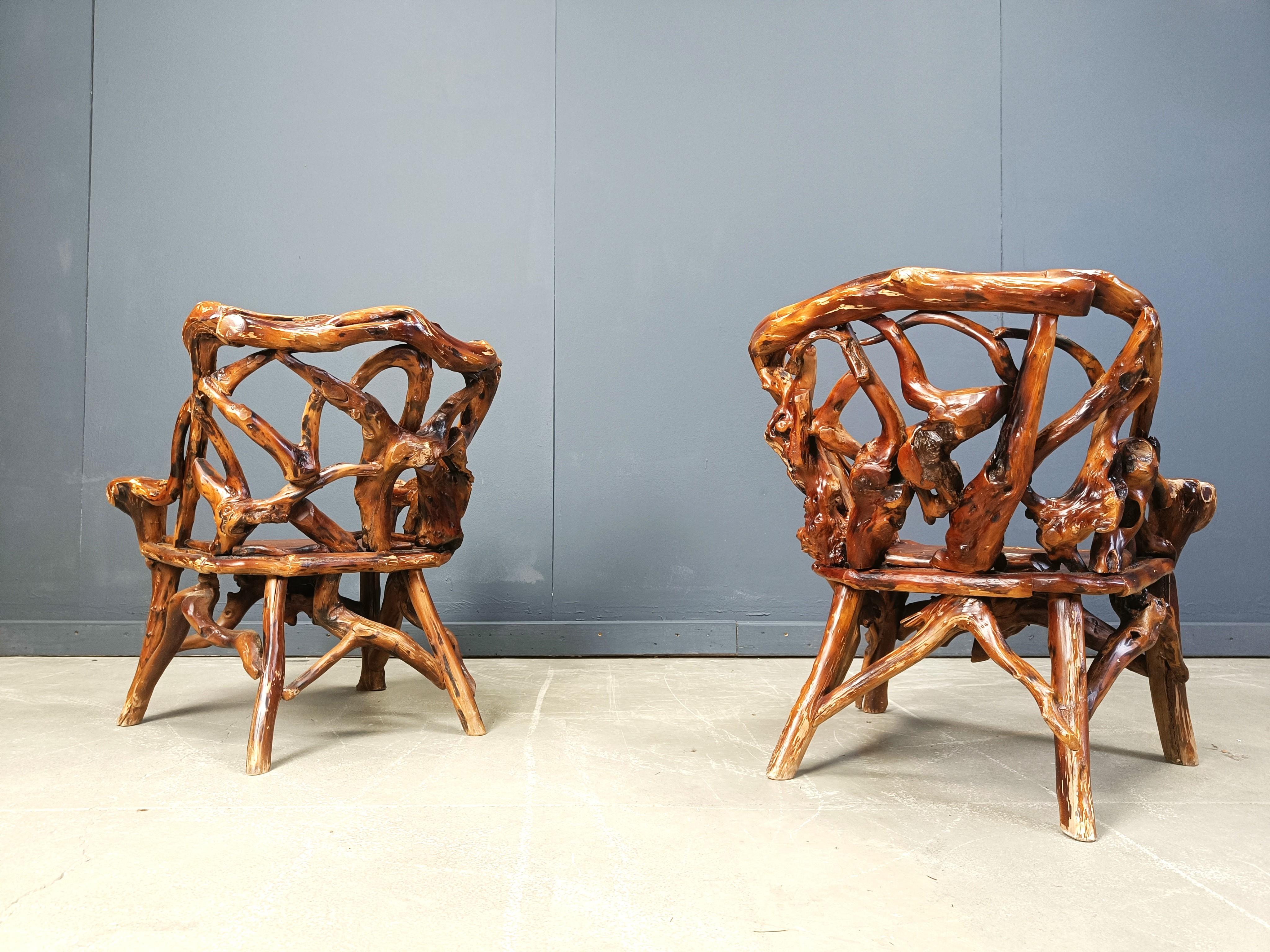 Rustic wood and knotted root armchairs, set of 4 - 1960s In Good Condition For Sale In Leuven, Vlaams Gewest