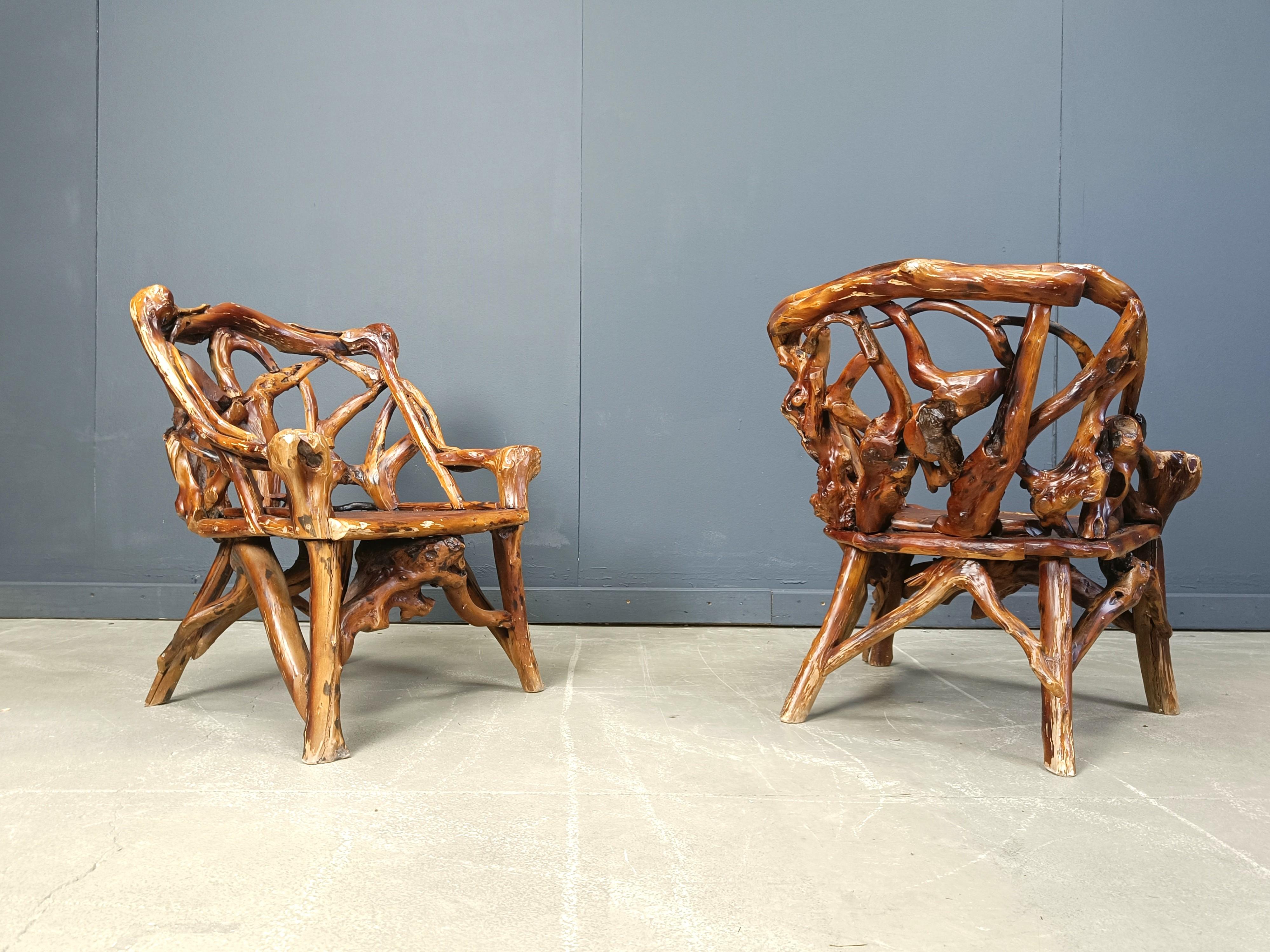 Mid-20th Century Rustic wood and knotted root armchairs, set of 4 - 1960s For Sale