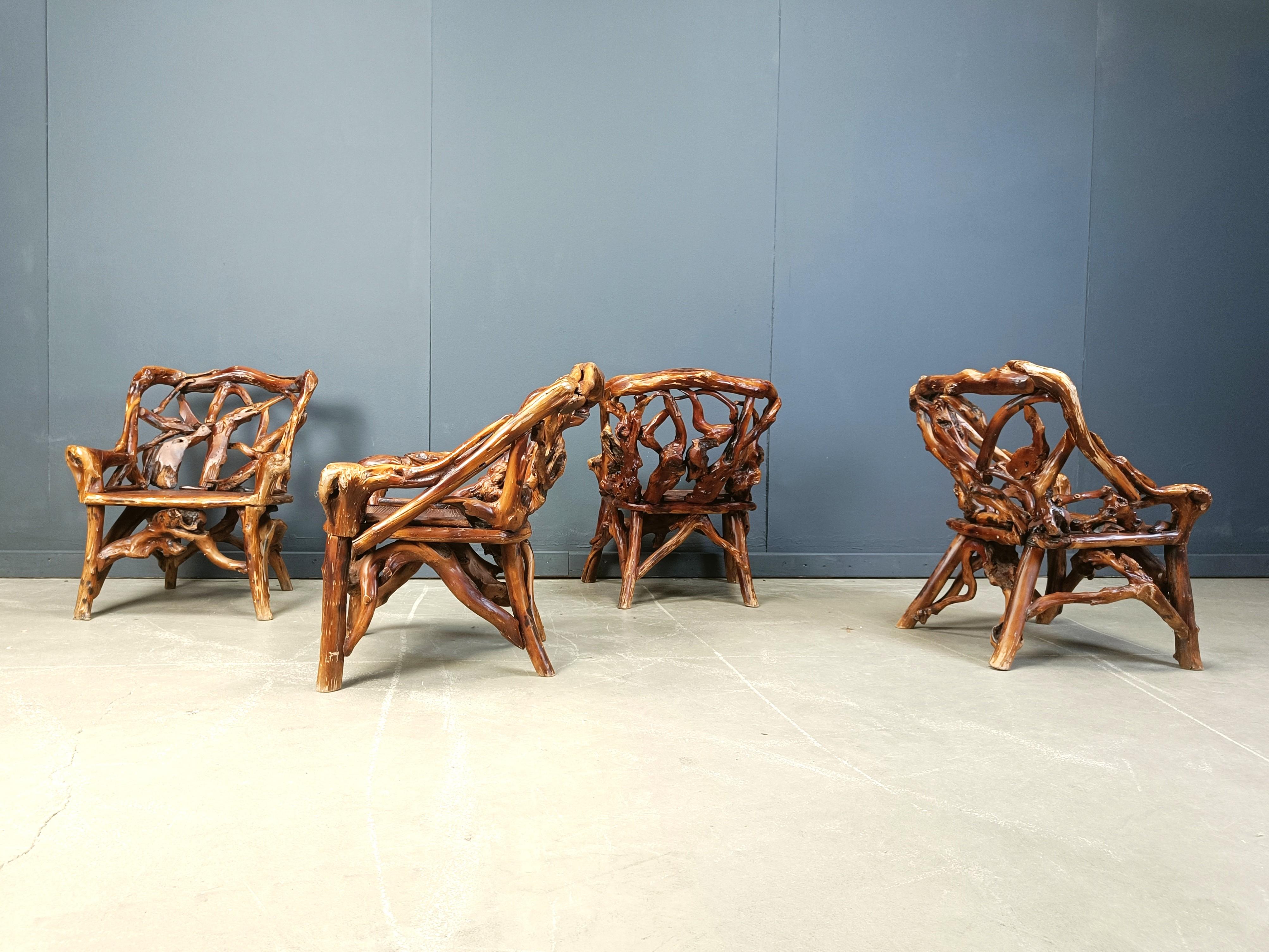 Wood Rustic wood and knotted root armchairs, set of 4 - 1960s For Sale