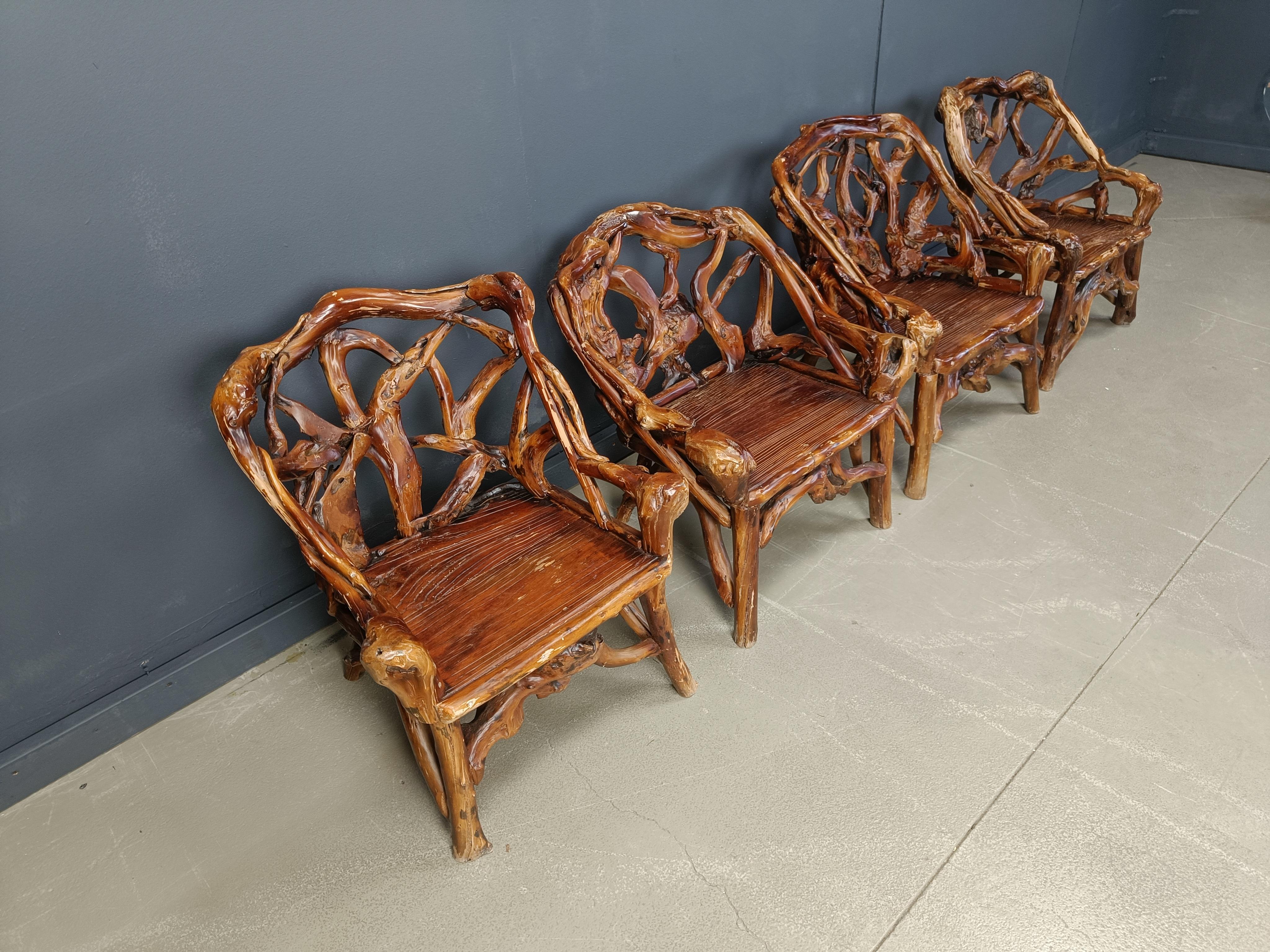 Rustic wood and knotted root armchairs, set of 4 - 1960s For Sale 1