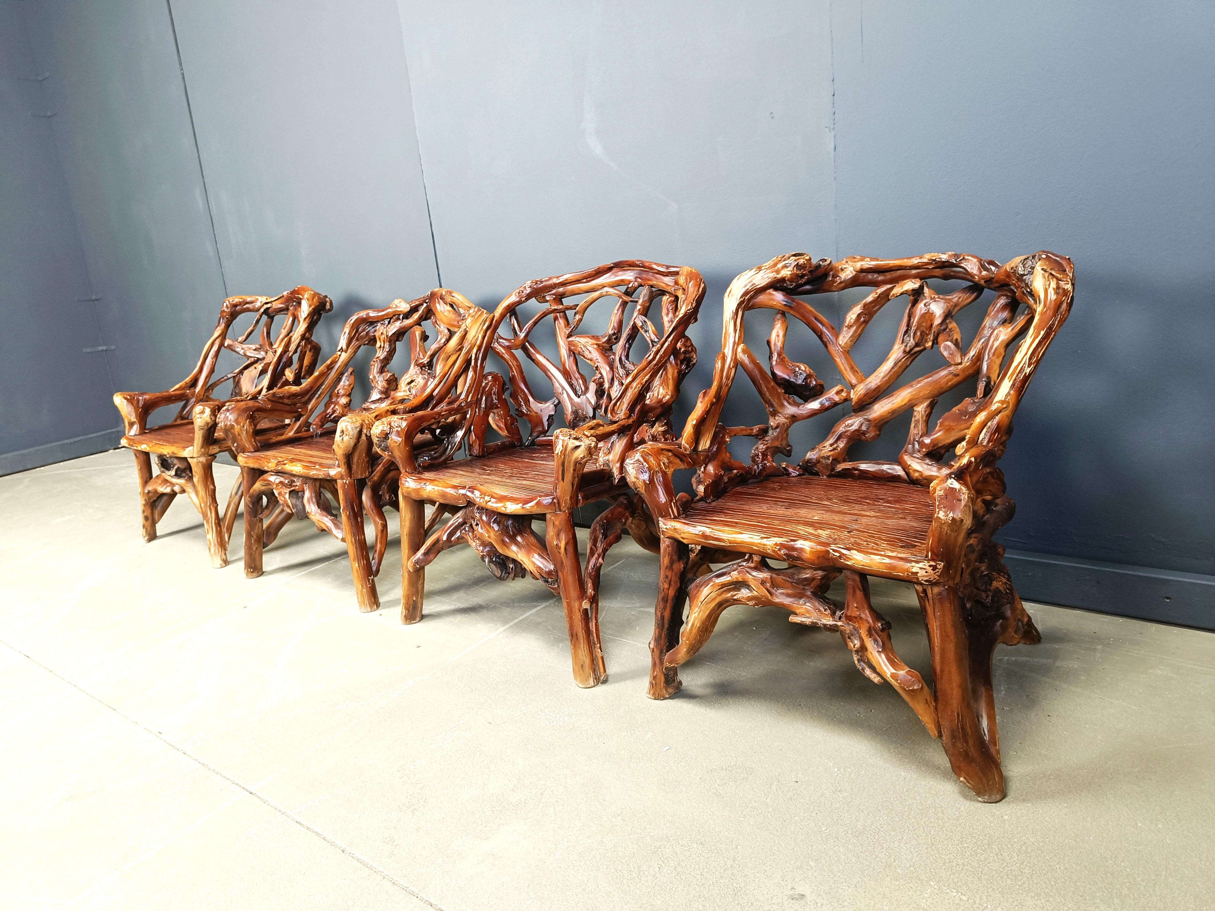 Rustic wood and knotted root armchairs, set of 4 - 1960s For Sale 2