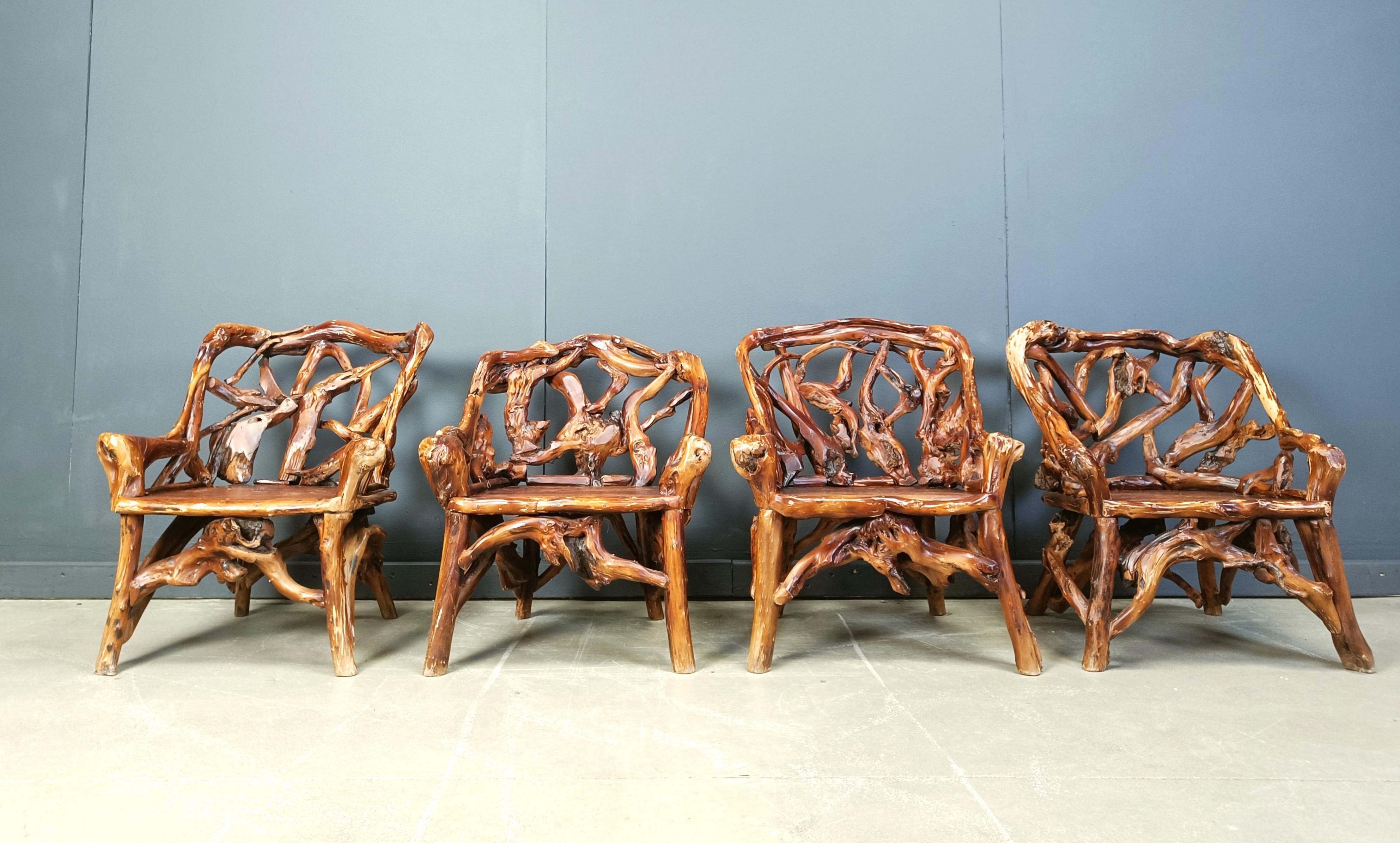 Rustic wood and knotted root armchairs, set of 4 - 1960s For Sale 3