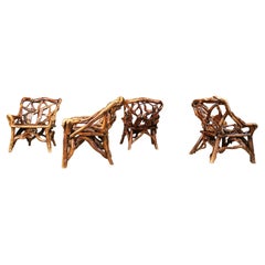 Rustic wood and knotted root armchairs, set of 4 - 1960s