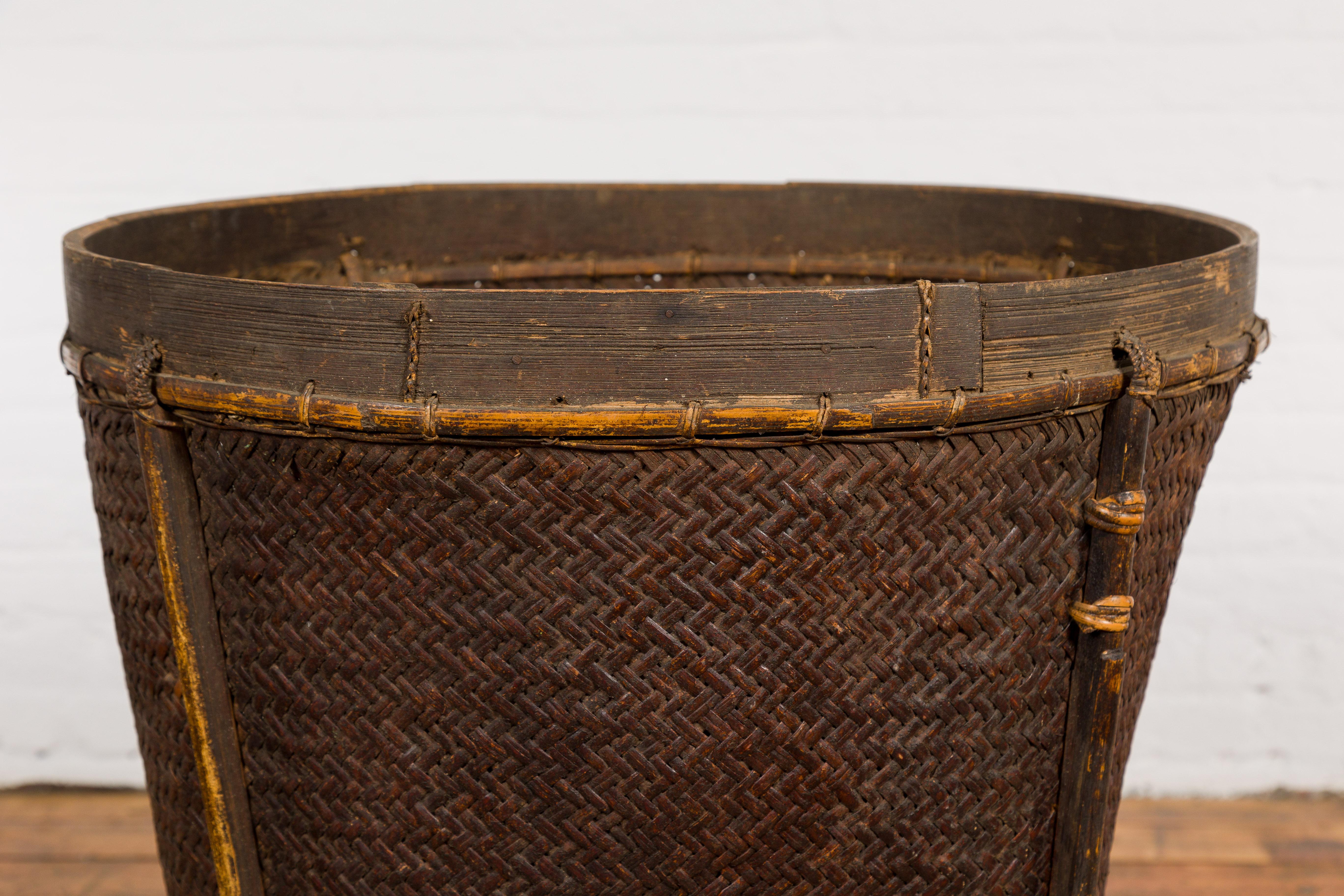 Hand-Woven Rustic Wood and Woven Rattan Farmers Basket with Weathered Patina