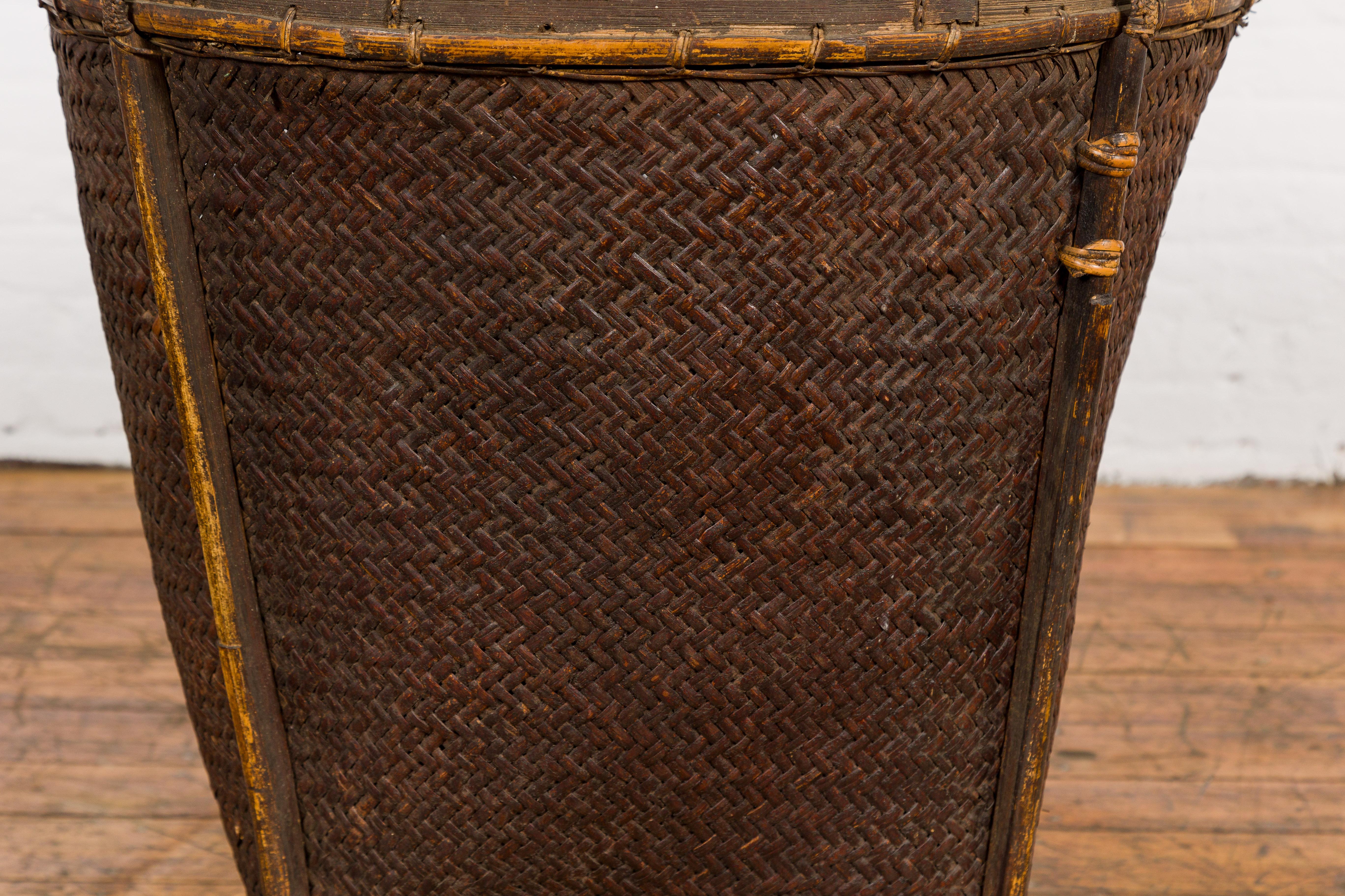 Rustic Wood and Woven Rattan Farmers Basket with Weathered Patina In Good Condition In Yonkers, NY