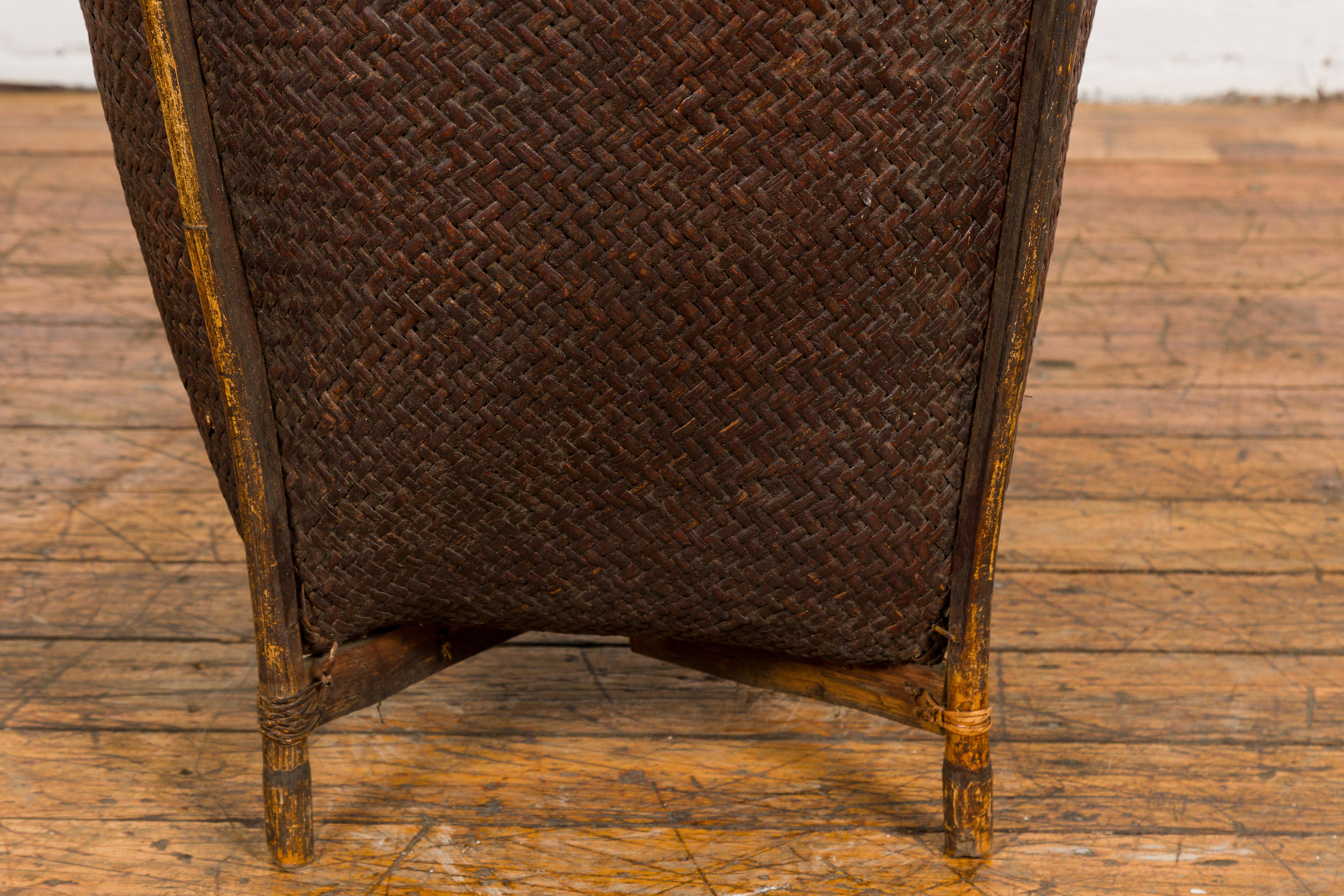 20th Century Rustic Wood and Woven Rattan Farmers Basket with Weathered Patina