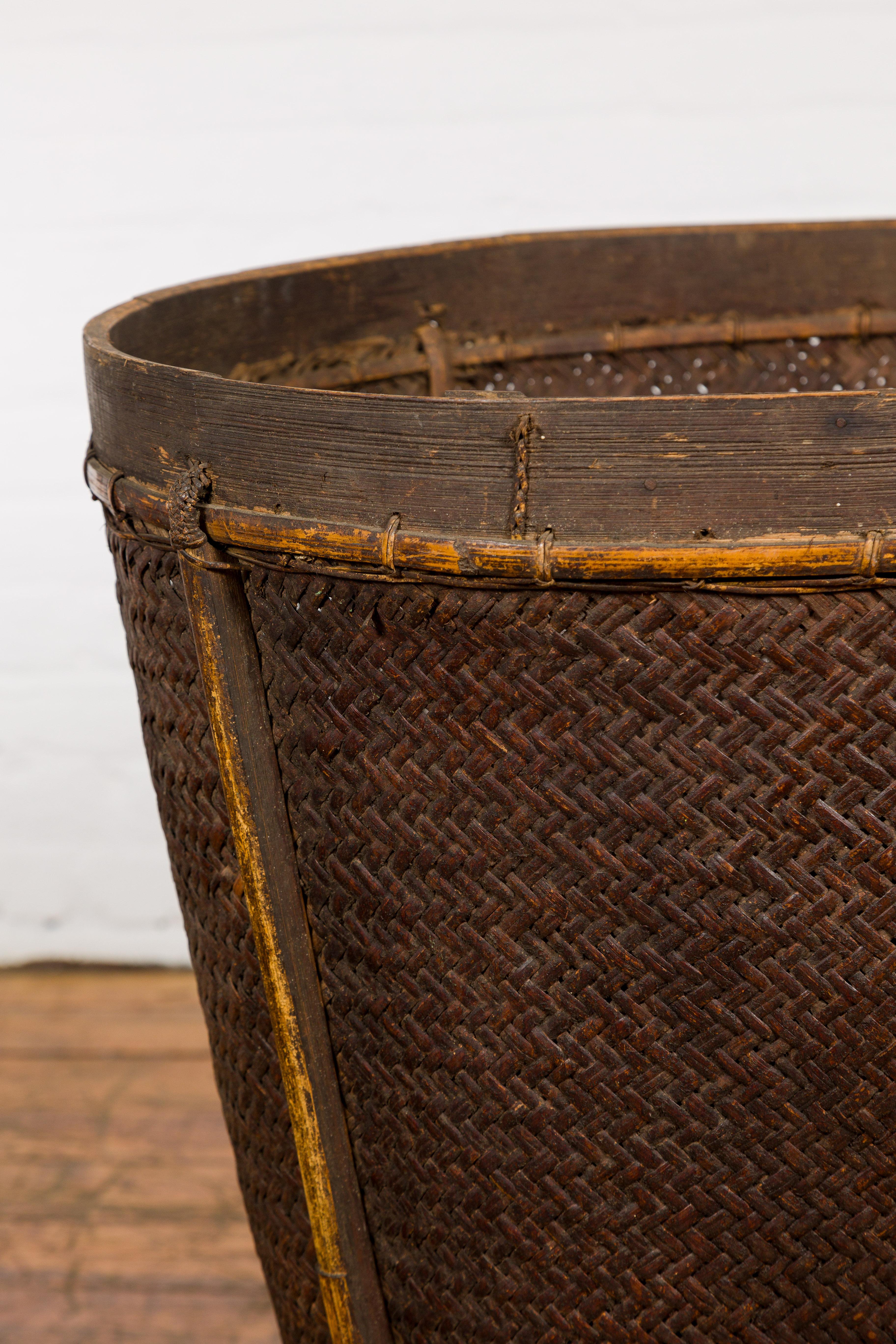 Rustic Wood and Woven Rattan Farmers Basket with Weathered Patina 1