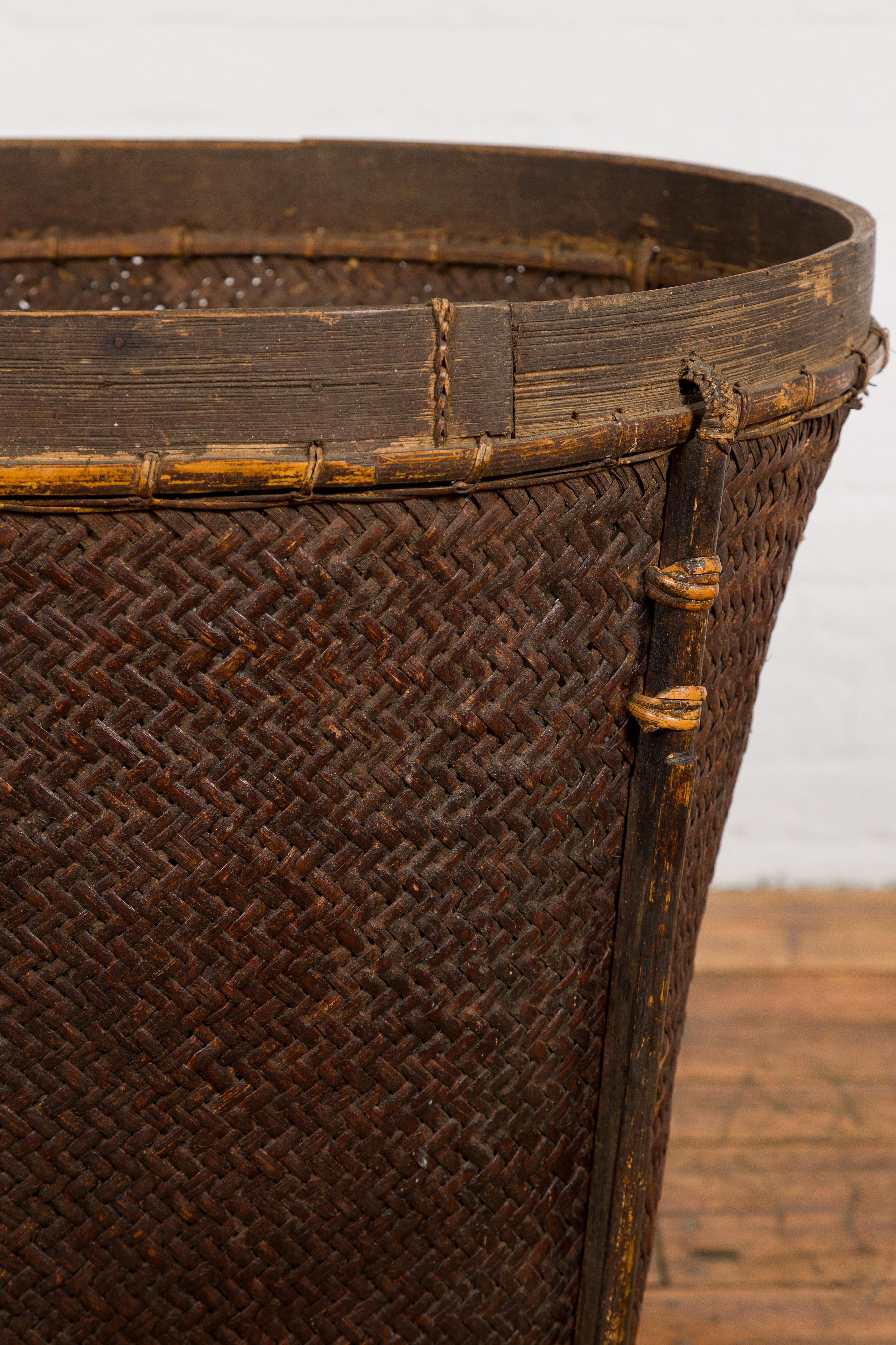 Rustic Wood and Woven Rattan Farmers Basket with Weathered Patina 2