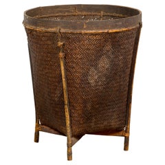 Rustic Wood and Woven Rattan Farmers Basket with Weathered Patina