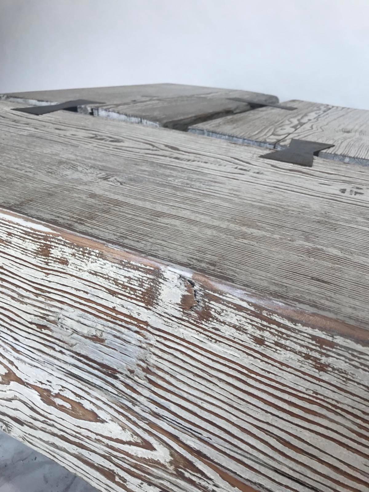 Rustic Wood Beam Coffee Table with Iron Base In Good Condition In Los Angeles, CA