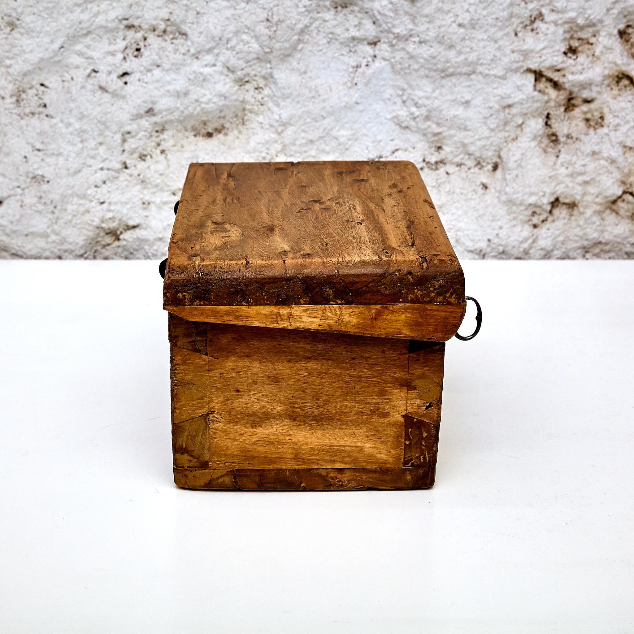 Metal Rustic Wood Box with Key Lock, circa 1930 For Sale