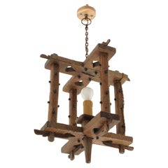 Rustic Wood Cage Pendant Light / Lantern with Iron Nails